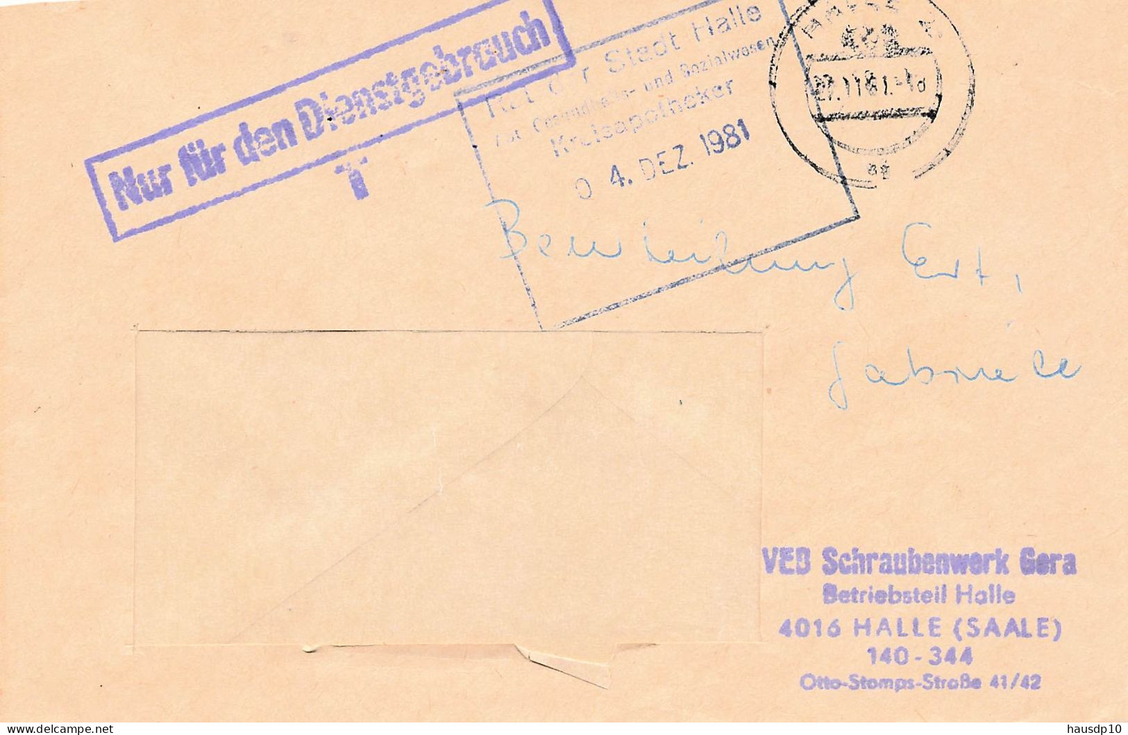 DDR Dienst Brief - Nur Für Den Dienstgebrauch - VEB Schraubenwerk Gera 1981 - Central Mail Service