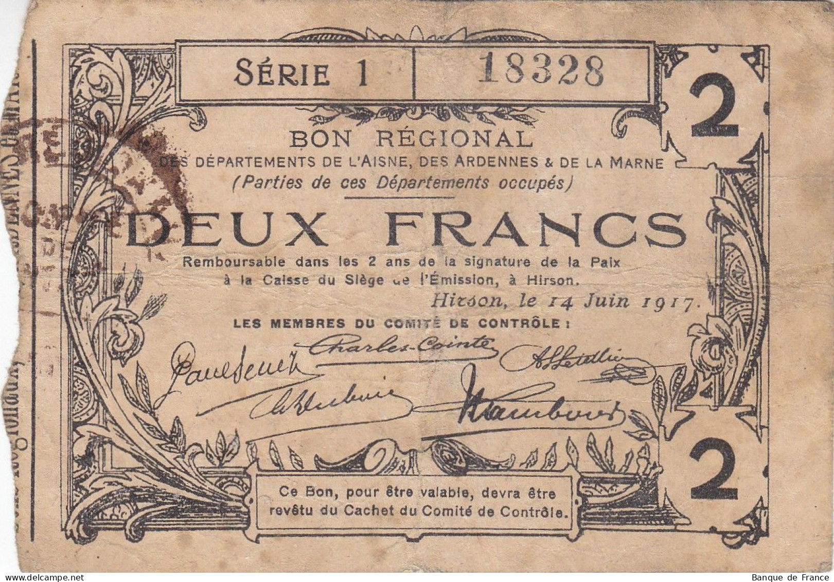 2 F Bon Régional Aisne - Ardennes Et Marne Série 1 Du 14/06/1917 - JP.02-1196 - Notgeld