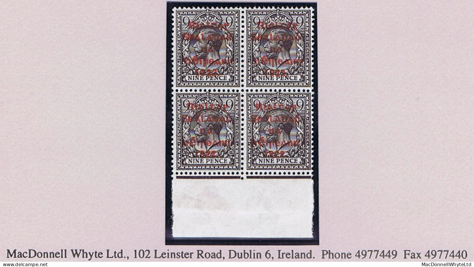 Ireland 1922 Thom Rialtas 5-line Overprint In Red On 9d Agate, Marginal Block Of 4 Fresh Mint Unmounted - Neufs