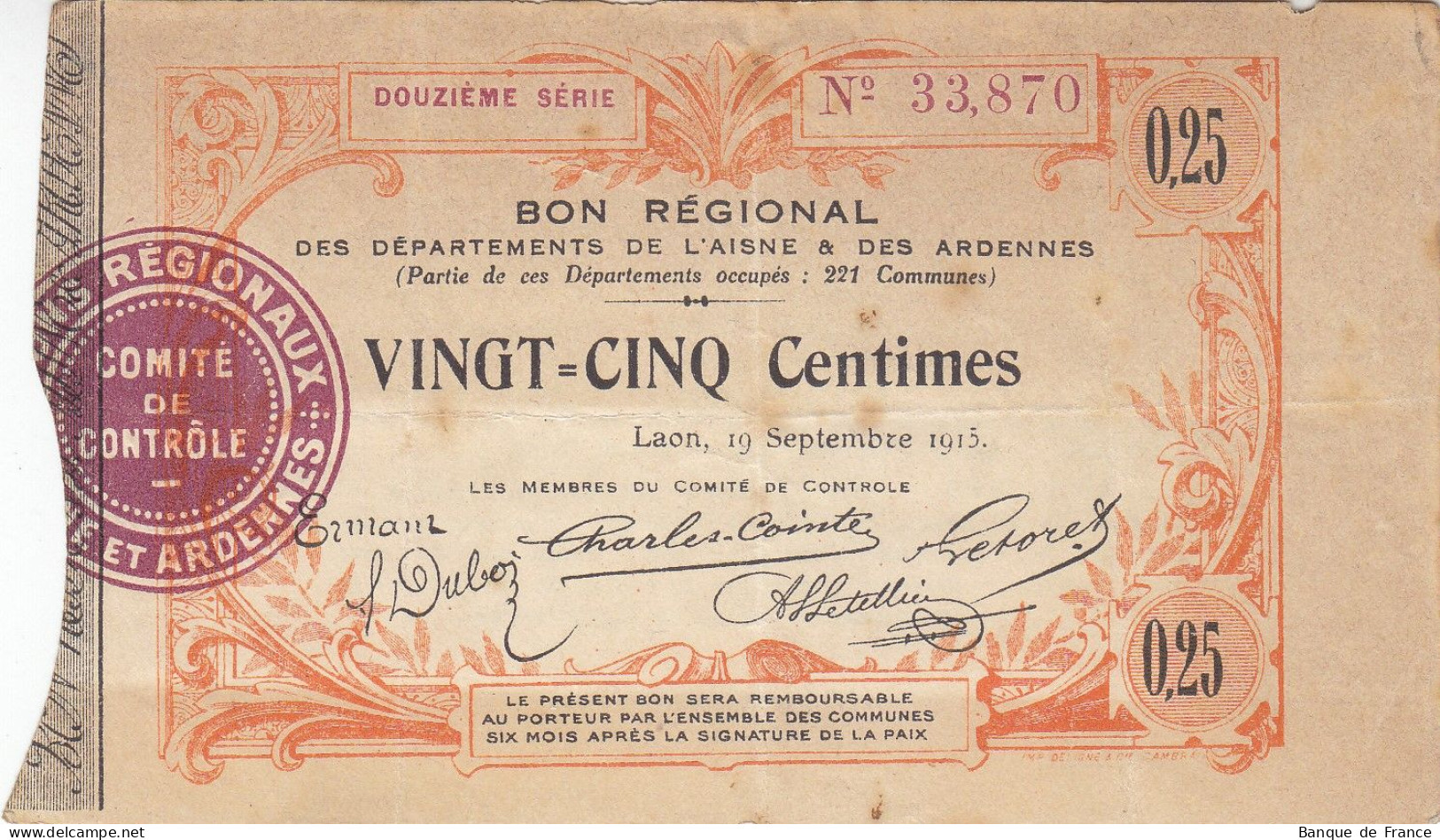 25 Centimes Bon Régional De L'Aisne Et Des Ardennes Série 12 Du 19/09/1915 - JP.02-1300 - Notgeld