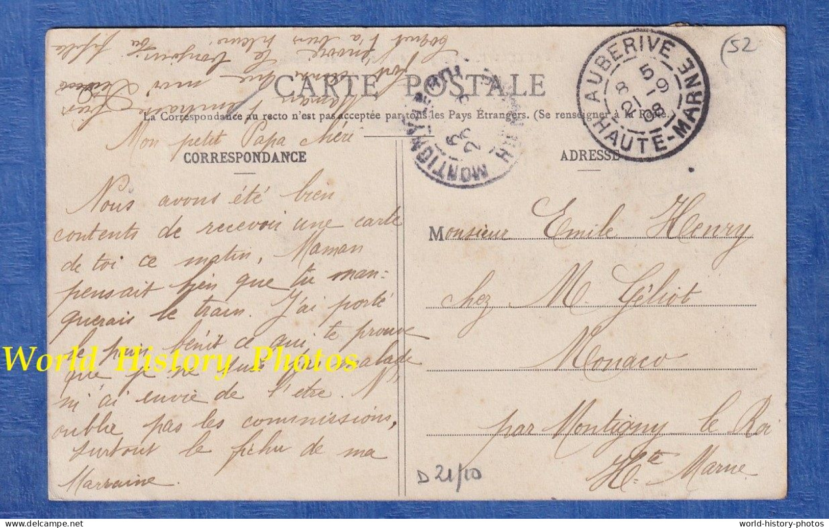 CPA - AUBERIVE ( Haute Marne ) Une Fille écrit à Son Père Emile Henry Chez M.Géliot à Monaco Par Montigny Le Roi - 1908 - Auberive