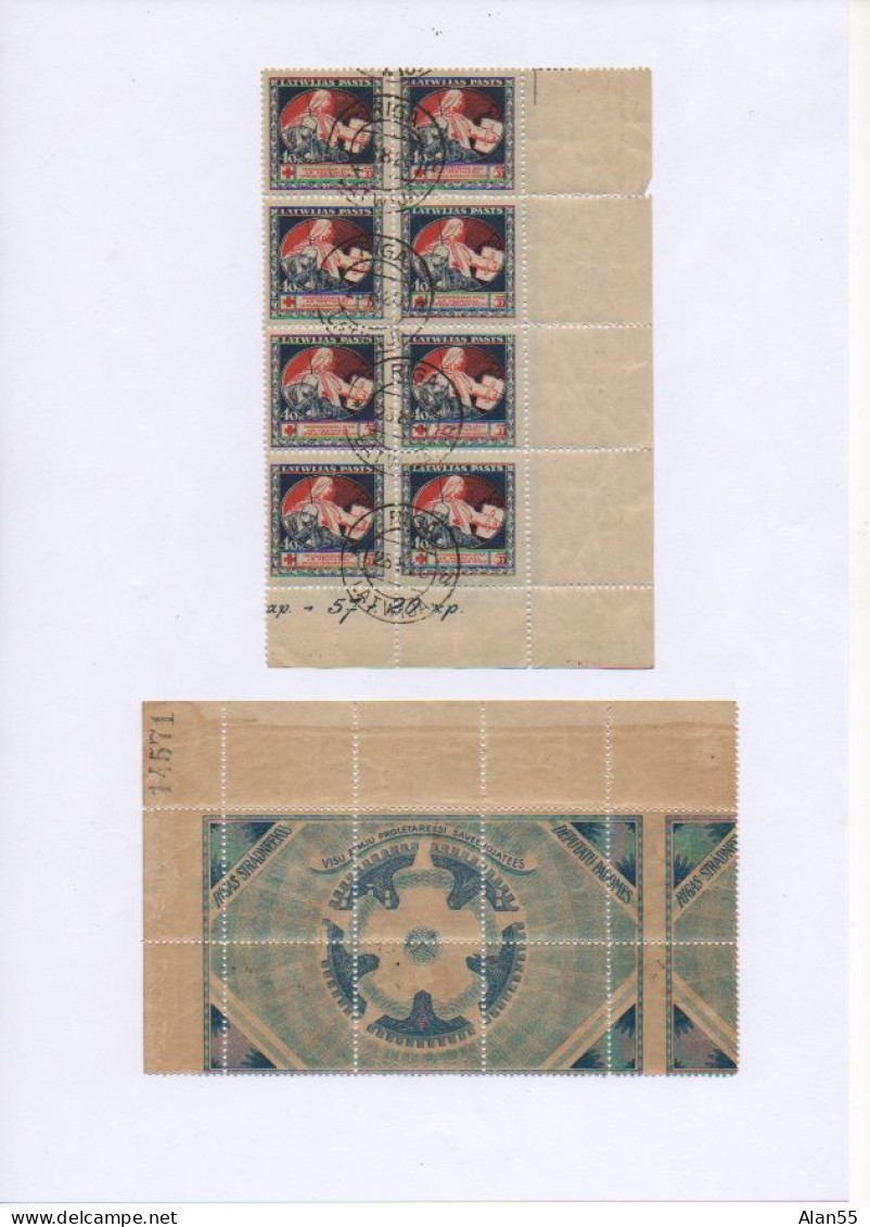 LETTONIE.1920. RARE. 4 BLOCS DENTELÉS DE 8 TIMBRES IMPRIMES SUR BILLETS DE BANQUE ENTIERS. - Lettland