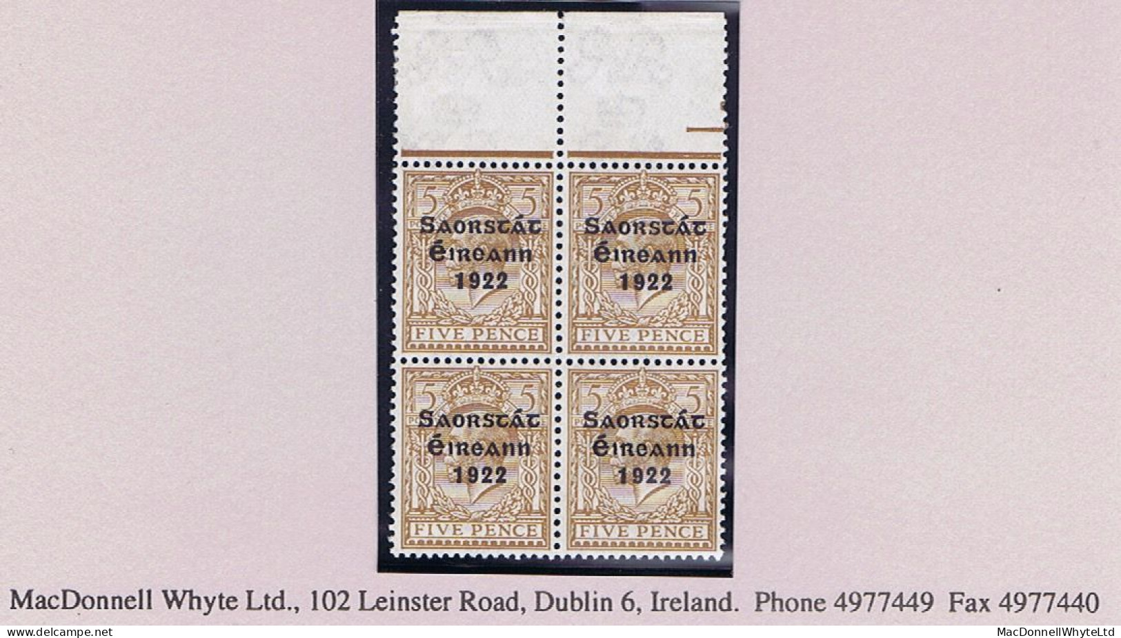 Ireland 1922-23 Thom Saorstát 3-line Overprint In Blue-black On 5d Brown, Marginal Block Of 4 Fresh Mint Stamps Unmountd - Nuovi