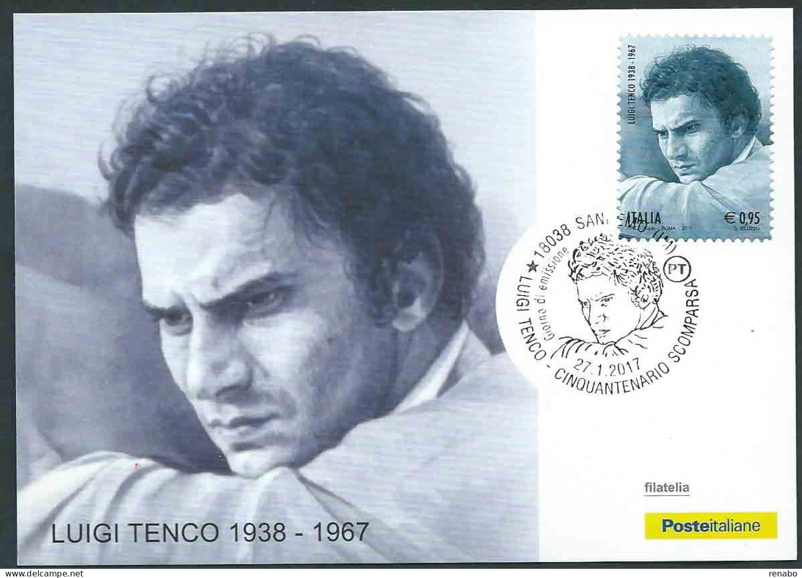 Italia, Italy, Italie 2017; Luigi Tenco Cantautore Italiano, Singer Songwriter Degli Anni '60. FDC E Anche Maximum Card. - Sänger