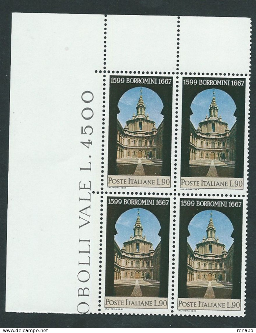 Italia 1967; Francesco Borromini, Architetto; Quartina D' Angolo Superiore. - 1961-70: Mint/hinged