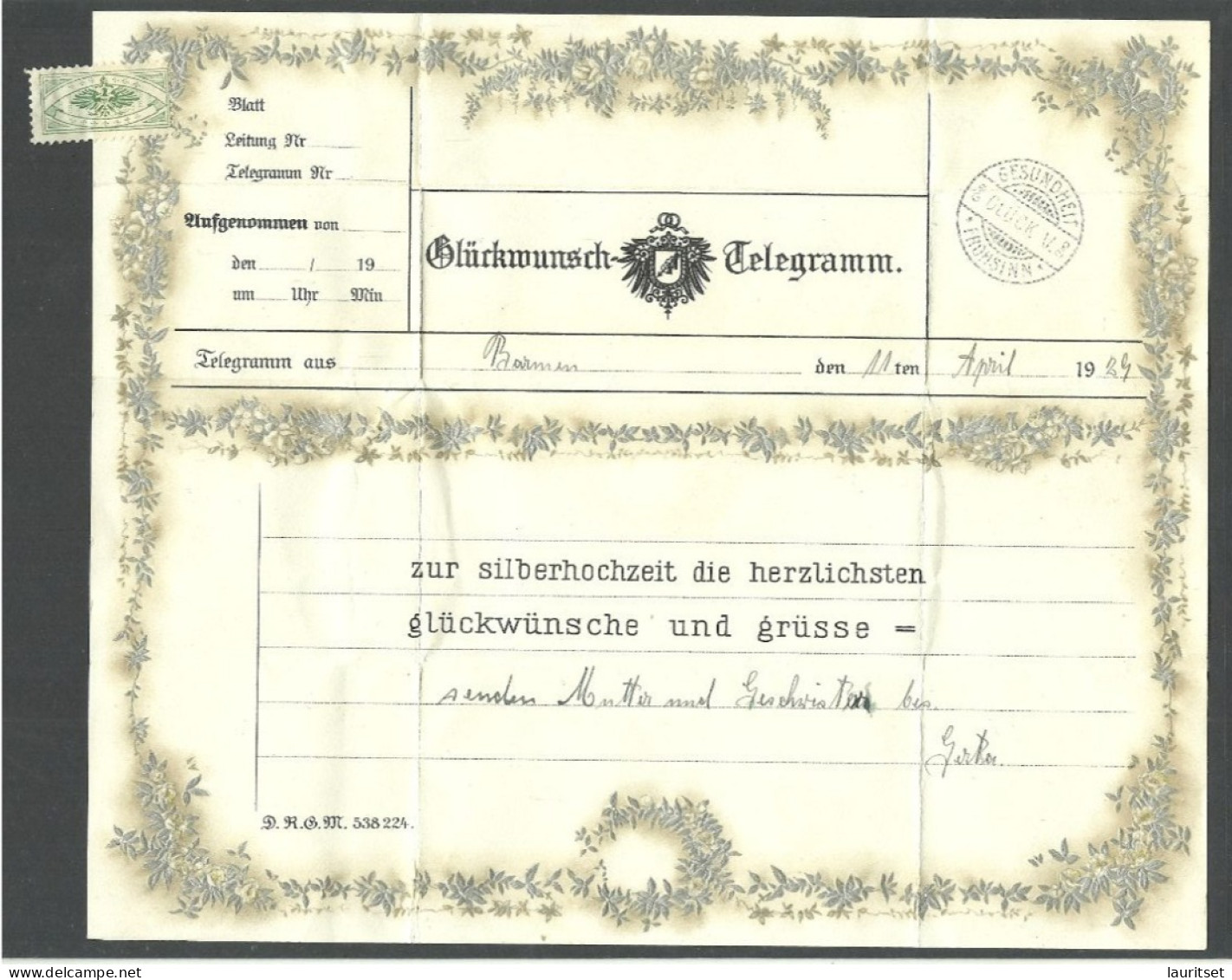Germany Deutschland 1929 Glückwunschkarte-Telegram, Silberhochzeit - Marriages