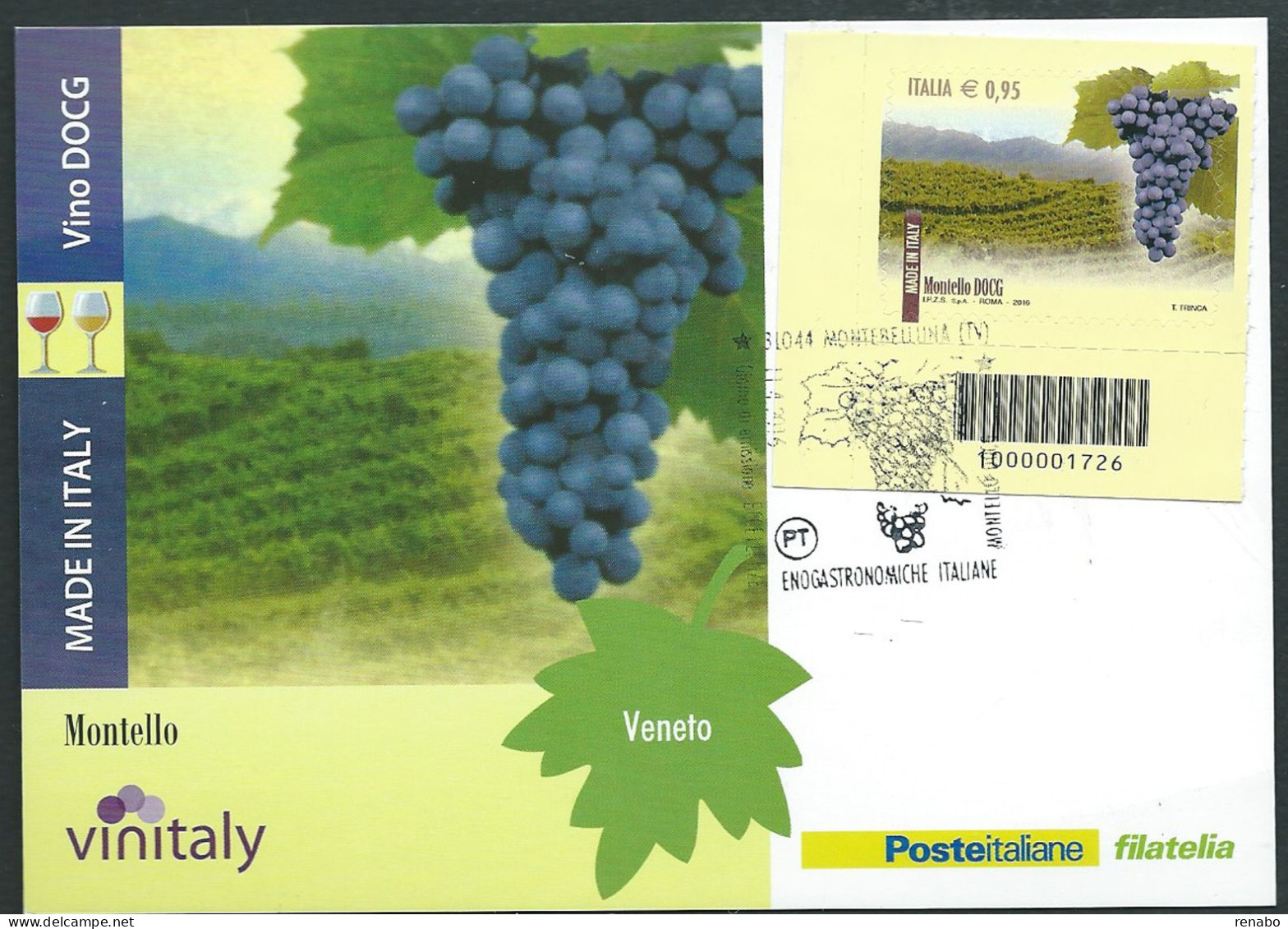 Italia 2016; Cartolina Maximum Montello: Con Montello DOCG A Barre, FDC Speciale "Montello DOCG". - Code-barres