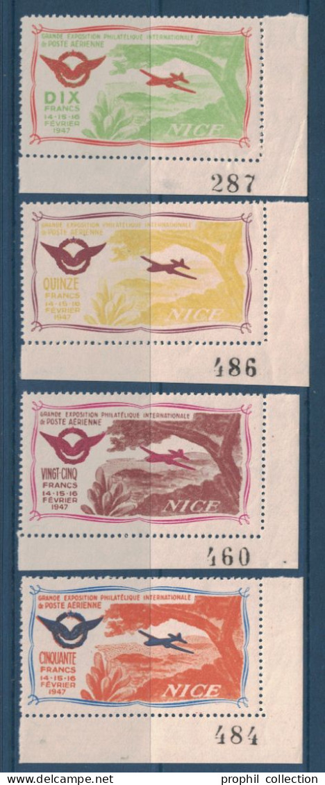 LOT De 4 VIGNETTES DENTELÉES NEUF ** NICE EXPOSITION PHILATELIQUE INTERNATIONALE DE POSTE AERIENNE 1947 AVION - Aviation