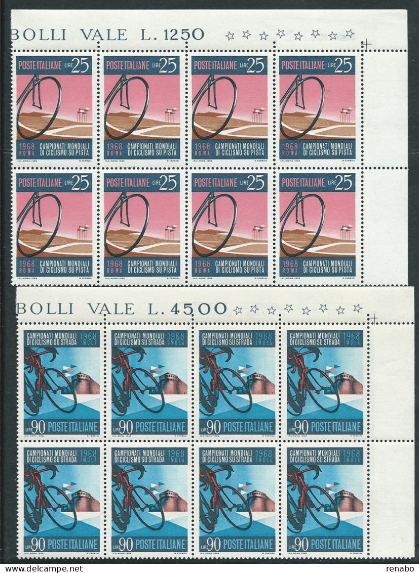 Italia 1968; Campionati Mondiali Di Ciclismo Su Pista, Serie Completa In Blocchi D’ Angolo Di 8 Valori = 2 Quartine - 1961-70: Mint/hinged