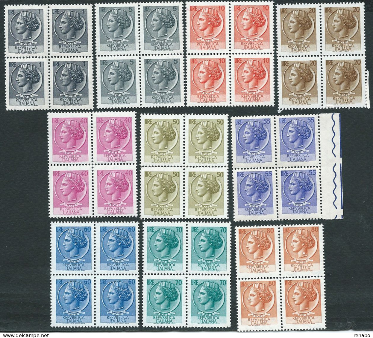 Italia 1968 - 69; Siracusana Stelle, Vignetta Piccola; 10 Quartine : Lire 1 + 5 + 10 + 20 + 40 + 50 + 55 + 60 + 70 + 80 - 1961-70: Mint/hinged