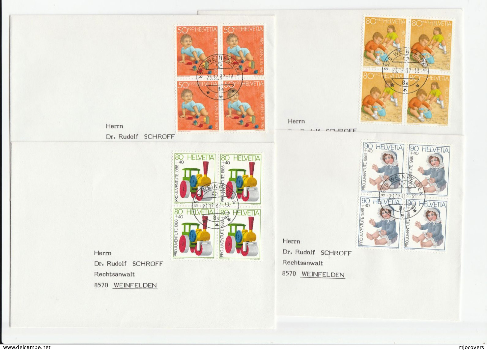 CHILDREN TOYS  4 Diff Covers Blocks Of 4 Stamps SWITZERLAND Pro Juventute 1987 Toy Train Doll  Playing In Sand Etc Cover - Poupées