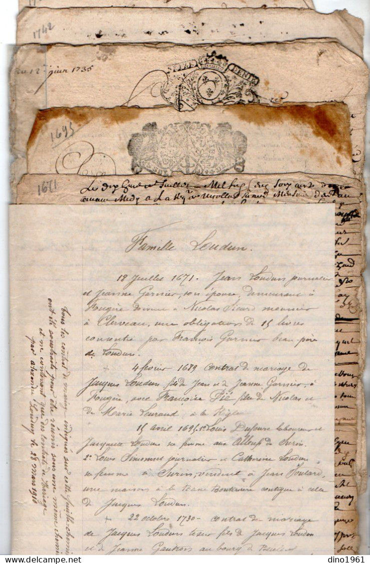 VP23.052 - Cachet Généralité De POITIERS - 5 Actes De 1671 / 1763 - Famille LOUDUN à FOUGERE X SURIN ....... - Cachets Généralité