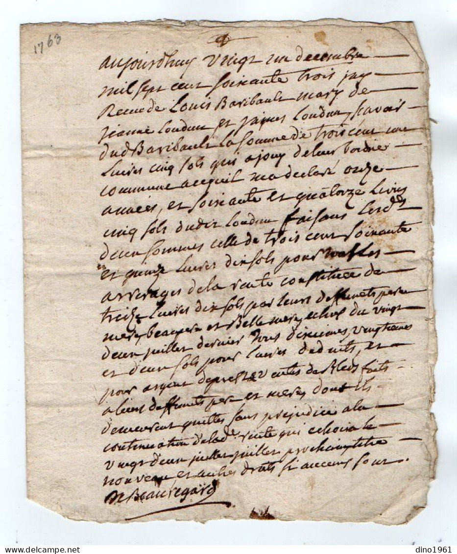 VP23.052 - Cachet Généralité de POITIERS - 5 Actes de 1671 / 1763 - Famille LOUDUN à FOUGERE x SURIN .......