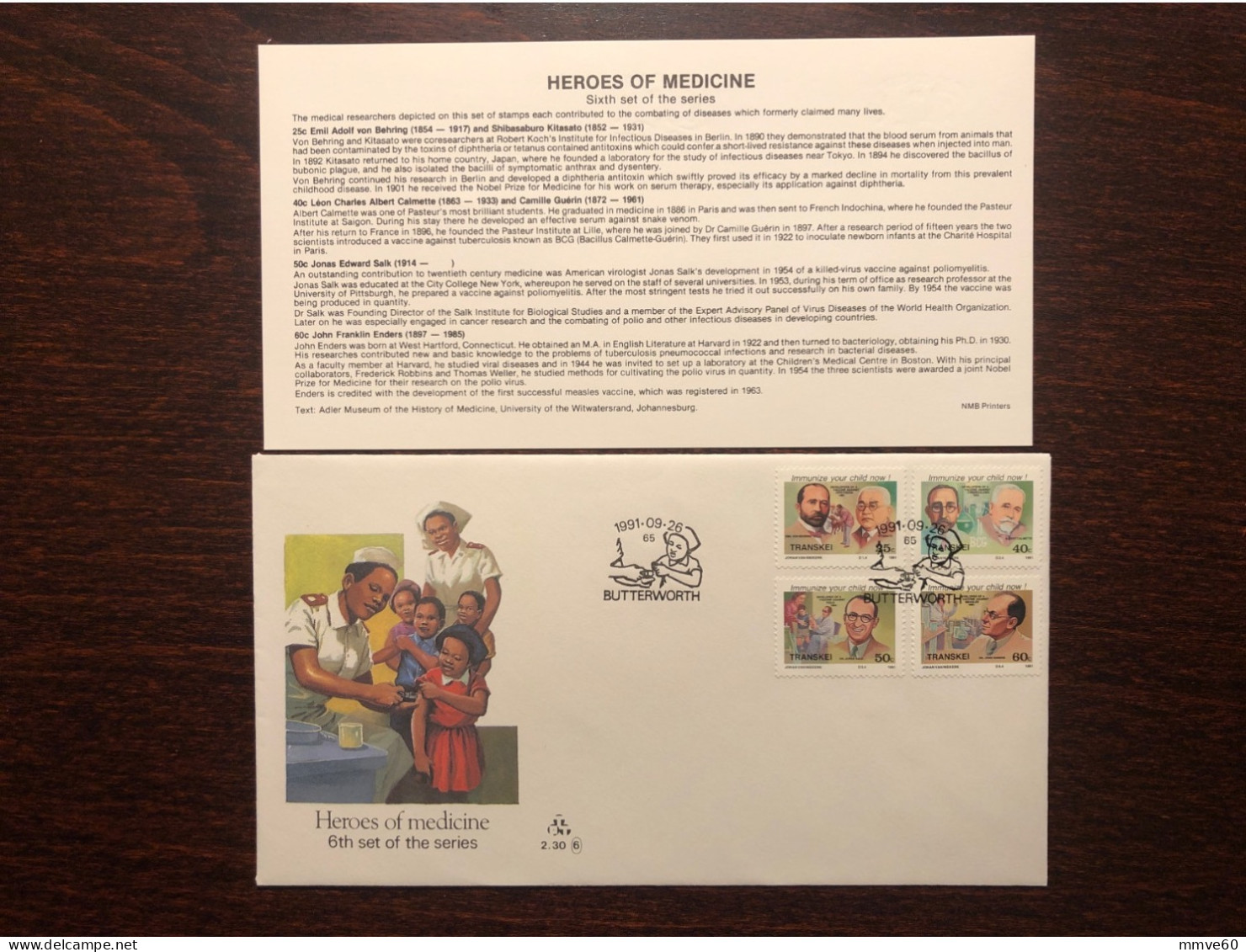 TRANSKEI FDC COVER 1991 YEAR HEROES OF MEDICINE BEHRING CALMETTE SALK ENDERS HEALTH MEDICINE STAMPS - Transkei