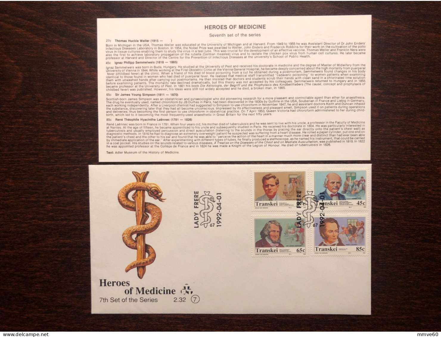 TRANSKEI FDC COVER 1992 YEAR HEROES OF MEDICINE WELLER SEMMELWEIS SIMPSON LAENNEC  HEALTH MEDICINE STAMPS - Transkei