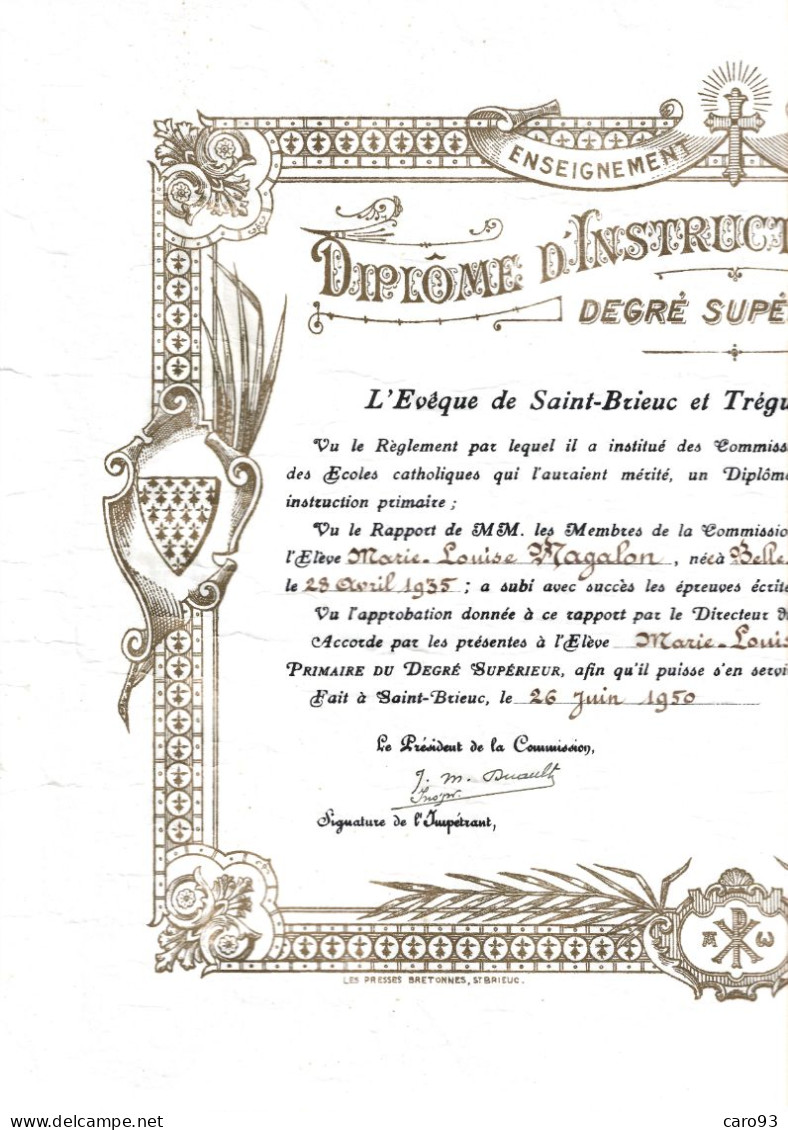 Diplôme D'instruction Primaire Degré Supérieur Evêché De Saint Brieuc Et Tréguier 1950 - Diplomi E Pagelle