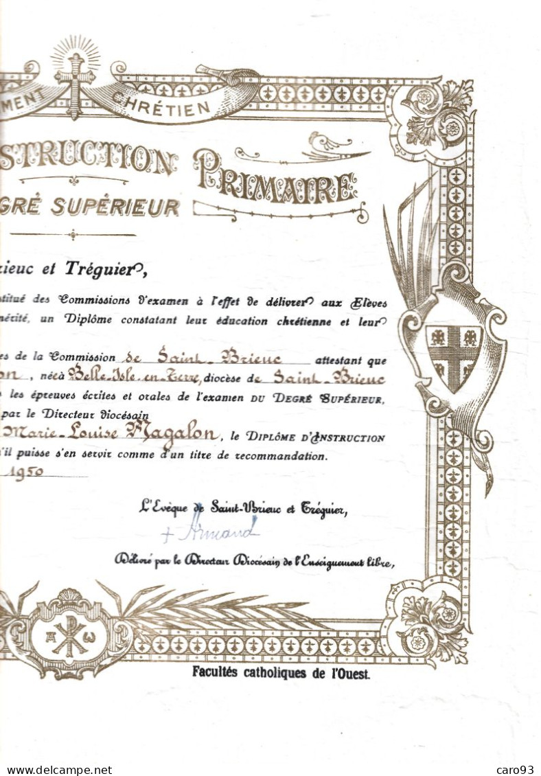 Diplôme D'instruction Primaire Degré Supérieur Evêché De Saint Brieuc Et Tréguier 1950 - Diplomi E Pagelle