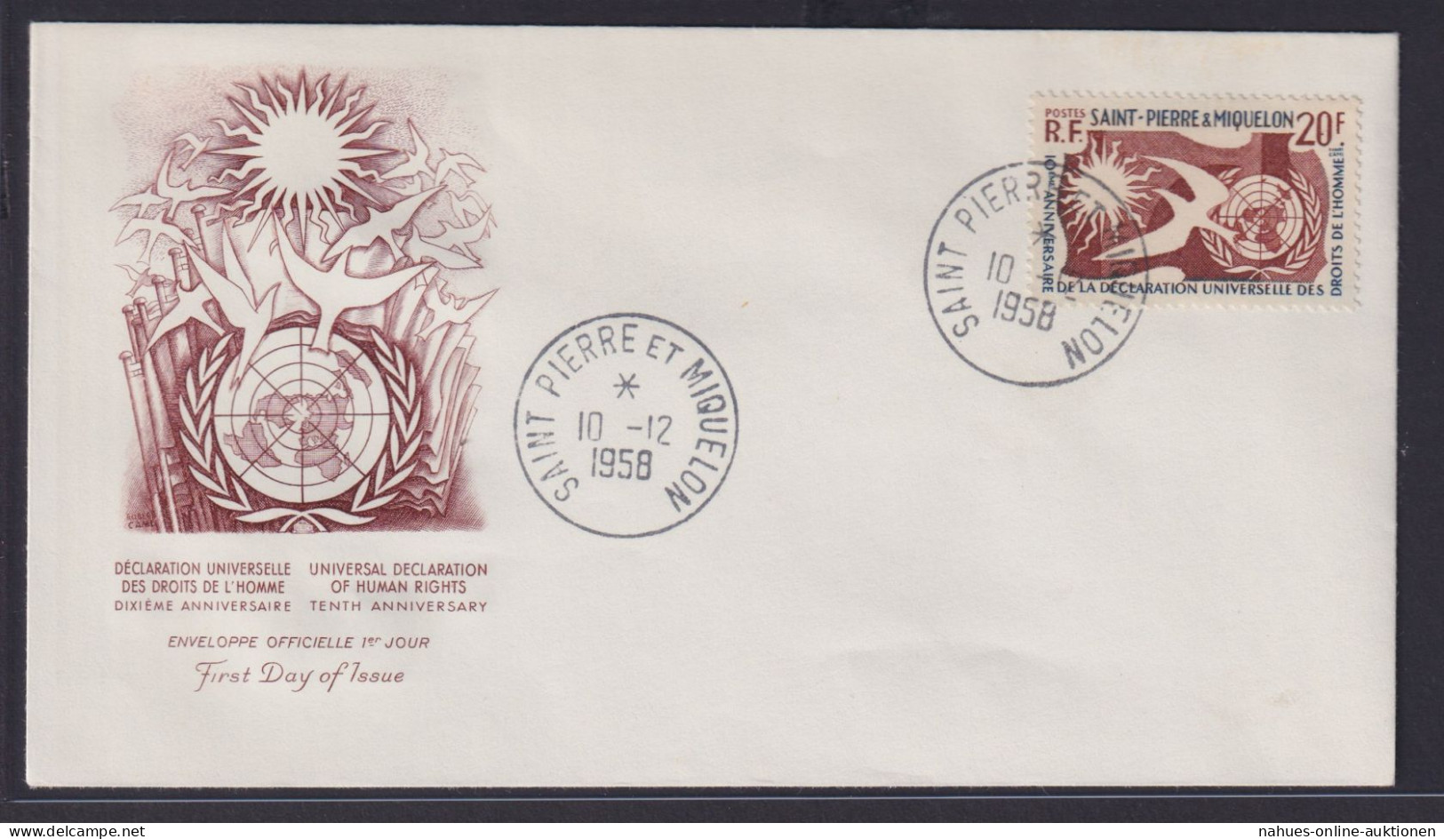 St. Pierre & Miquelon French Colony Brief EF 20 Franc Menschenrechte UNO FDC - Used Stamps