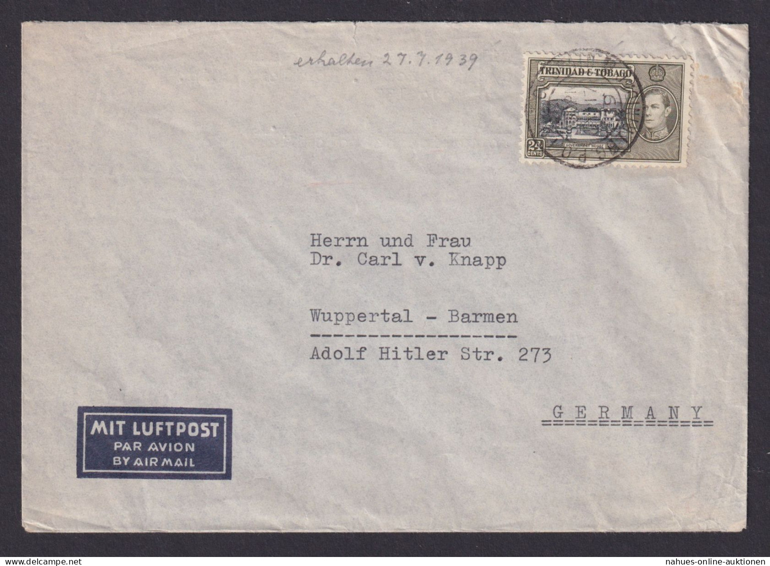 Trinidad & Tobago R Brief King Georg V Karibik Wuppertal Barmen 30.6.1939 - Trinité & Tobago (1962-...)