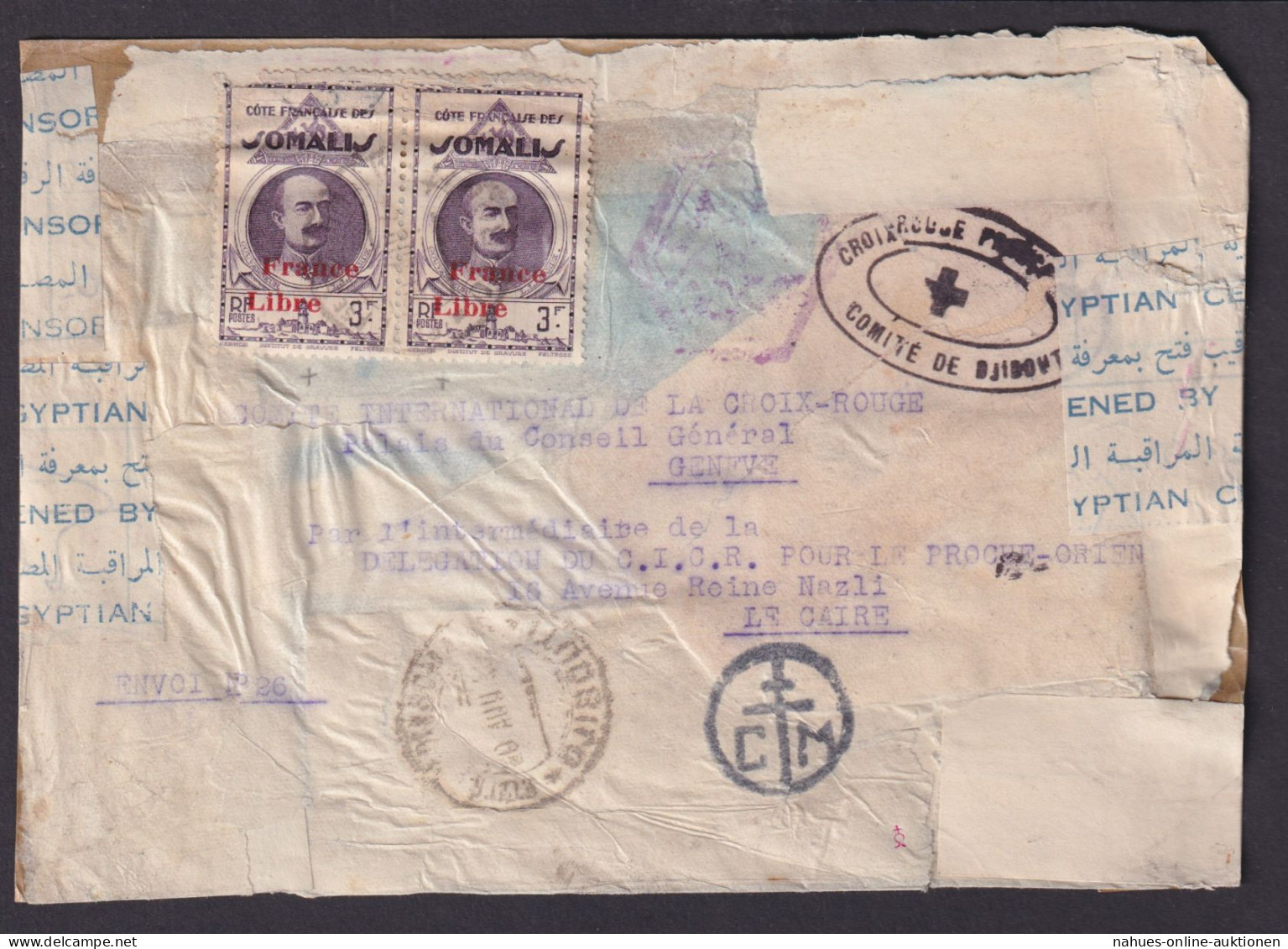 Somalia Zensur Brief MEF 3 Fr Rotes Kreuz Frankreich Kolonien Mit Rotem Aufdruck - Somalia (1960-...)