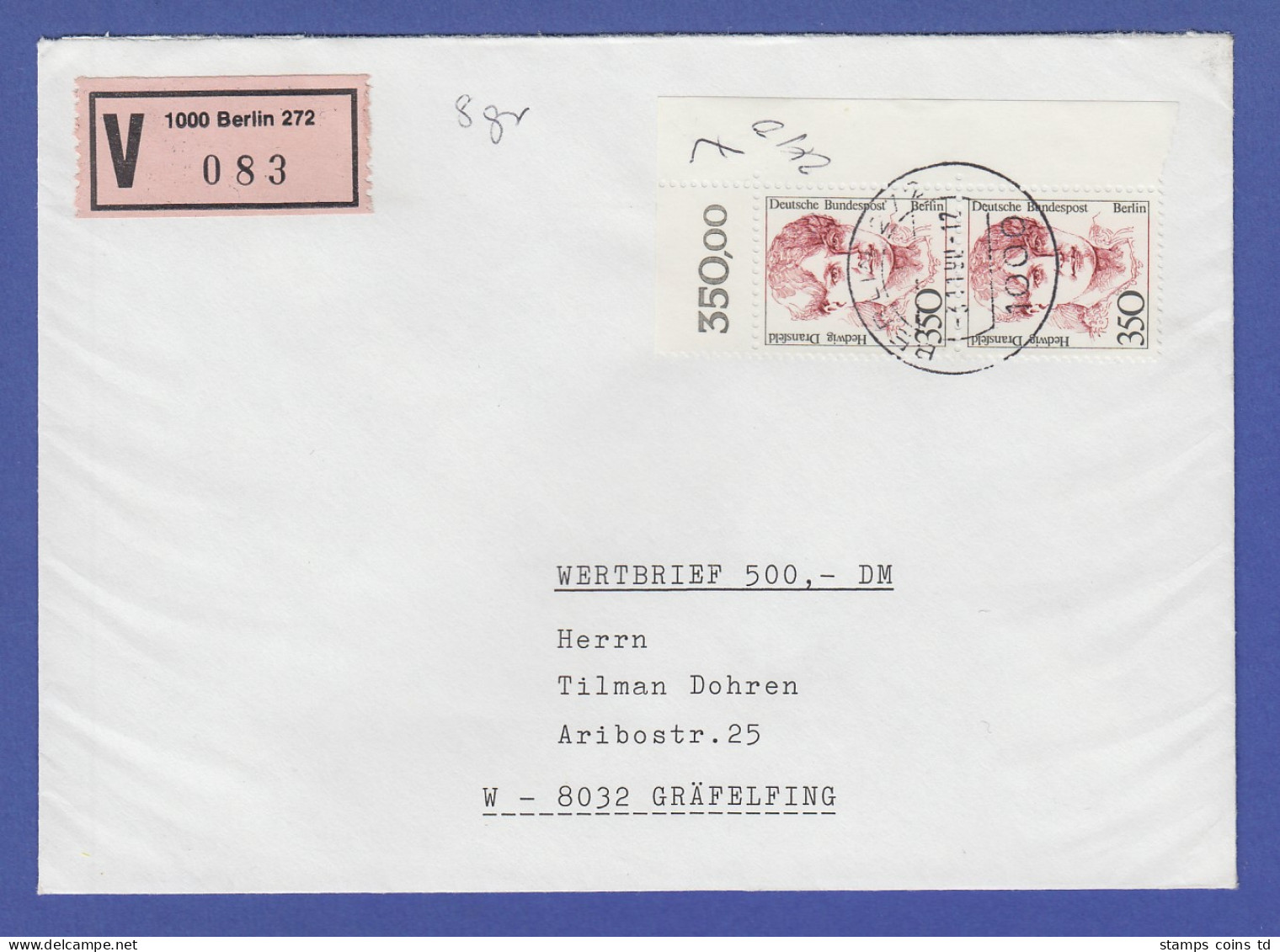 Berliner Frauen 350 Pfg Senkr. Eckrandpaar Als Portoger. MEF Auf Wertbrief  - Lettres & Documents
