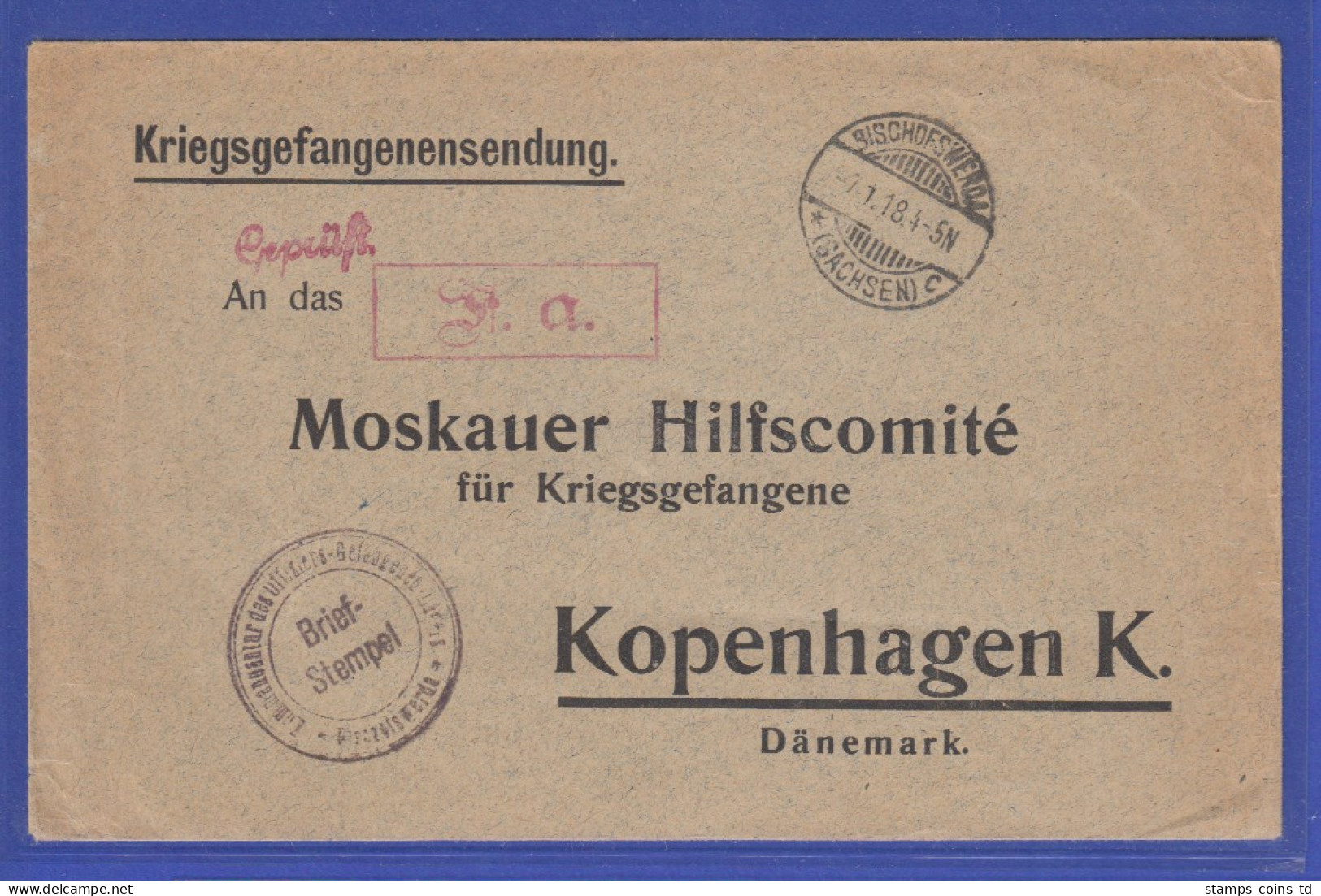 1918 Kriegsgefangenen-Sendung An  Moskauer Hilfskomité Kopenhagen, Bischofswerda - Feldpost (franchigia Postale)