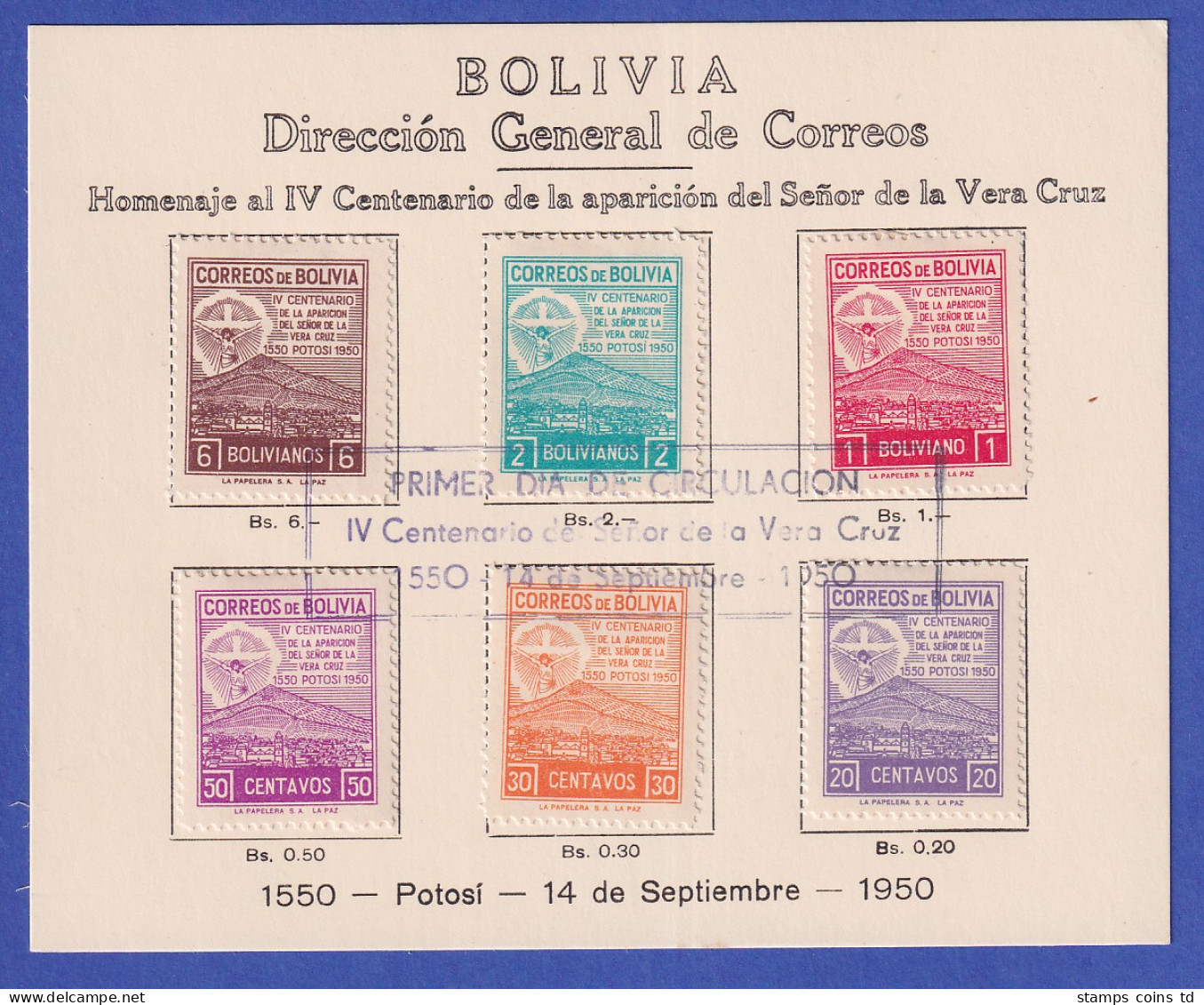 Bolivien 1950 Erscheinung Christi In Potosi 1550  Mi.-Nr. 437-42 Auf FDC-Karte  - Bolivie