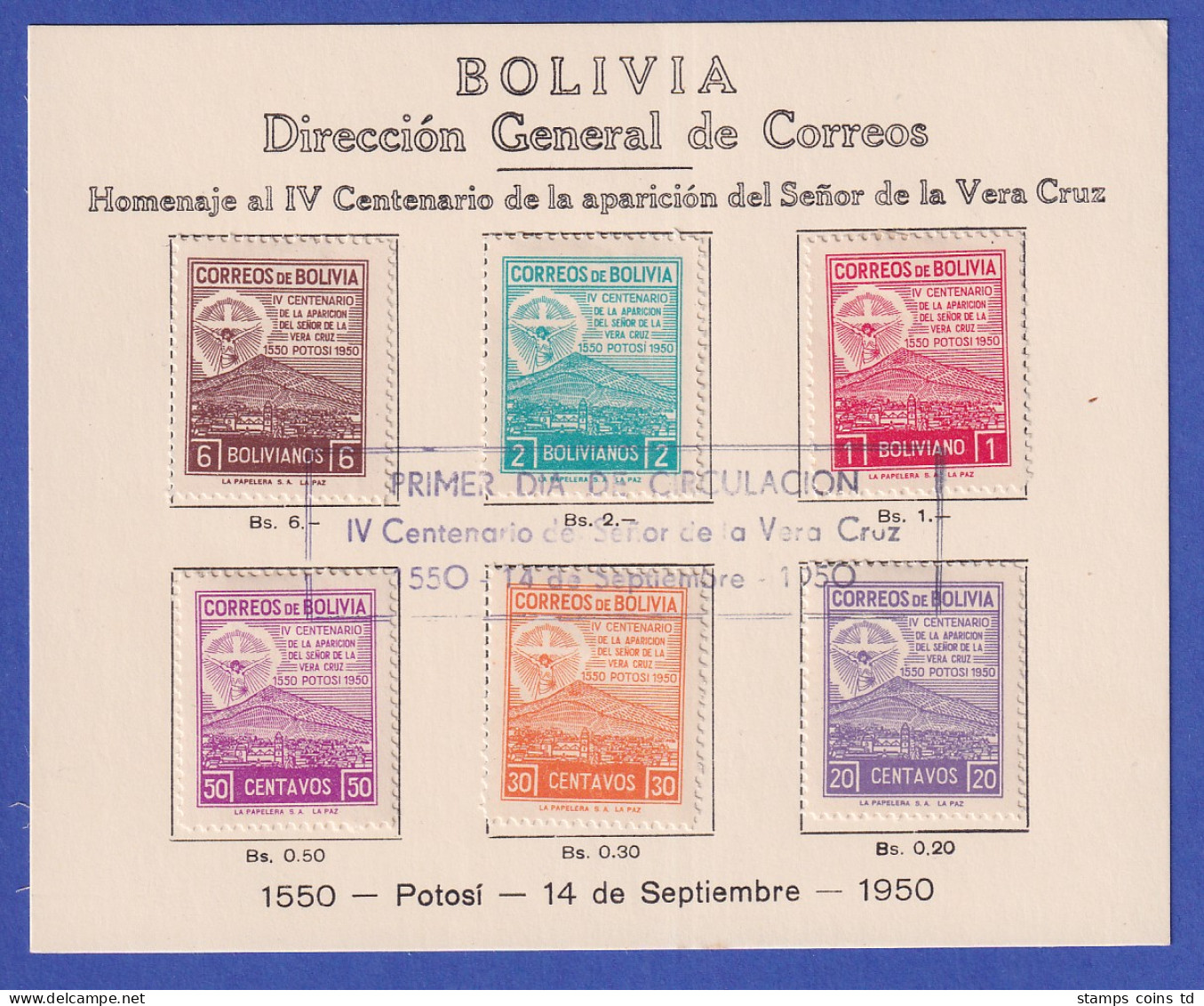 Bolivien 1950 Erscheinung Christi In Potosi 1550  Mi.-Nr. 437-42 Auf FDC-Karte  - Bolivia