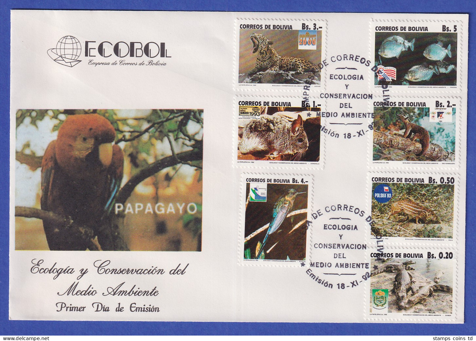 Bolivien 1992 Gefährdete Tiere Mi.-Nr. 1178-1184 Auf FDC  - Bolivia
