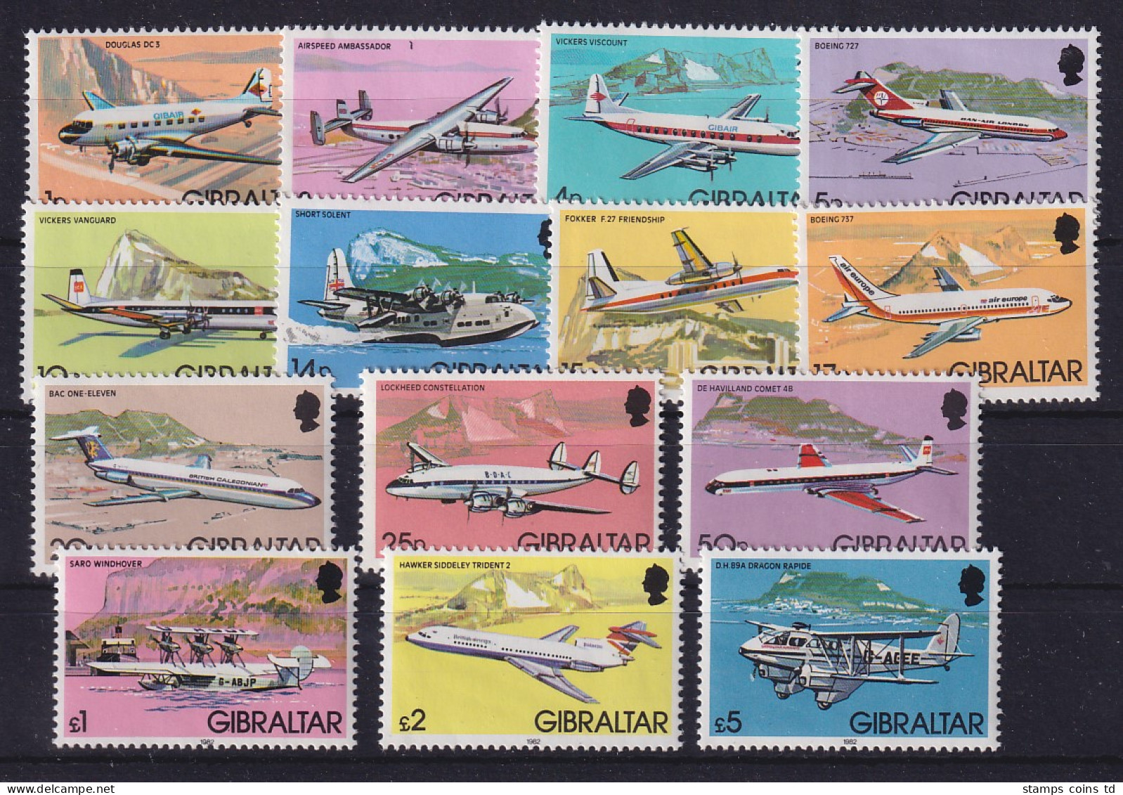 Gibraltar 1982 Freimarken Flugzeuge Mi.-Nr. 432-446 Satz 14 Werte Kpl. ** - Gibraltar