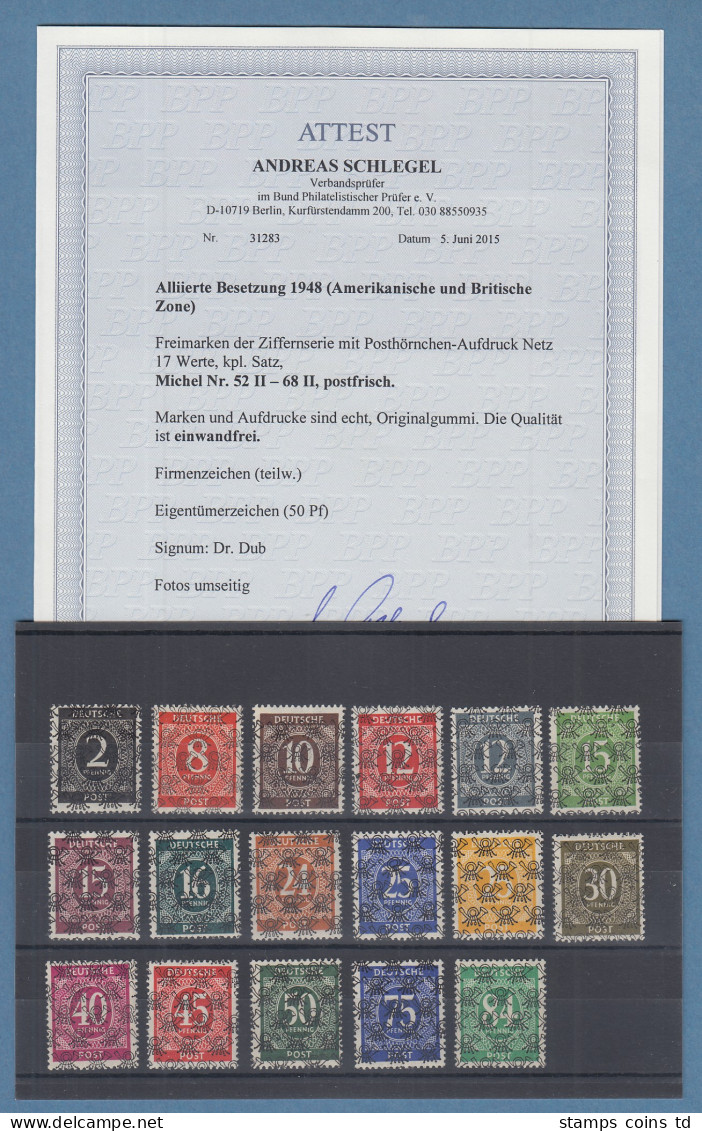 Bizone 1948 Ziffern Mit Netzaufdruck Mi.-Nr. 52-68 II ** Mit Attest SCHLEGEL BPP - Postfris