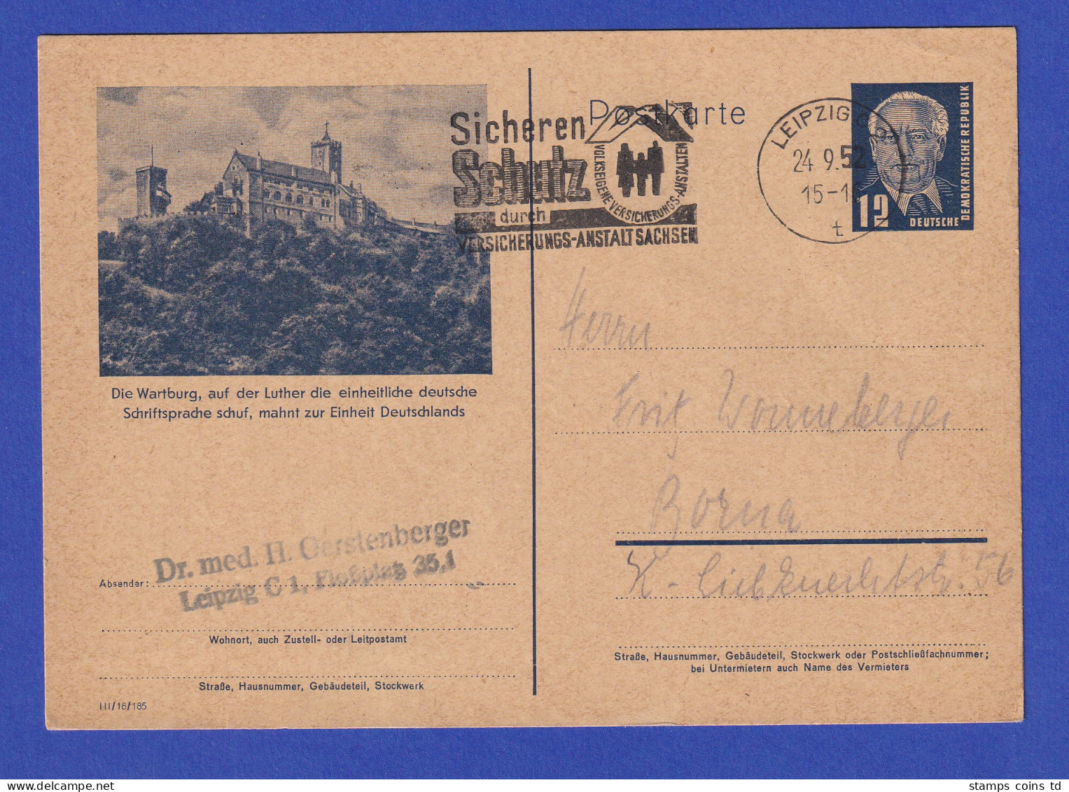 DDR 1953 Bildpostkarte P47/07 Wartburg Luther 1952 Gel. Von Leipzig Nach Borna - Sonstige & Ohne Zuordnung