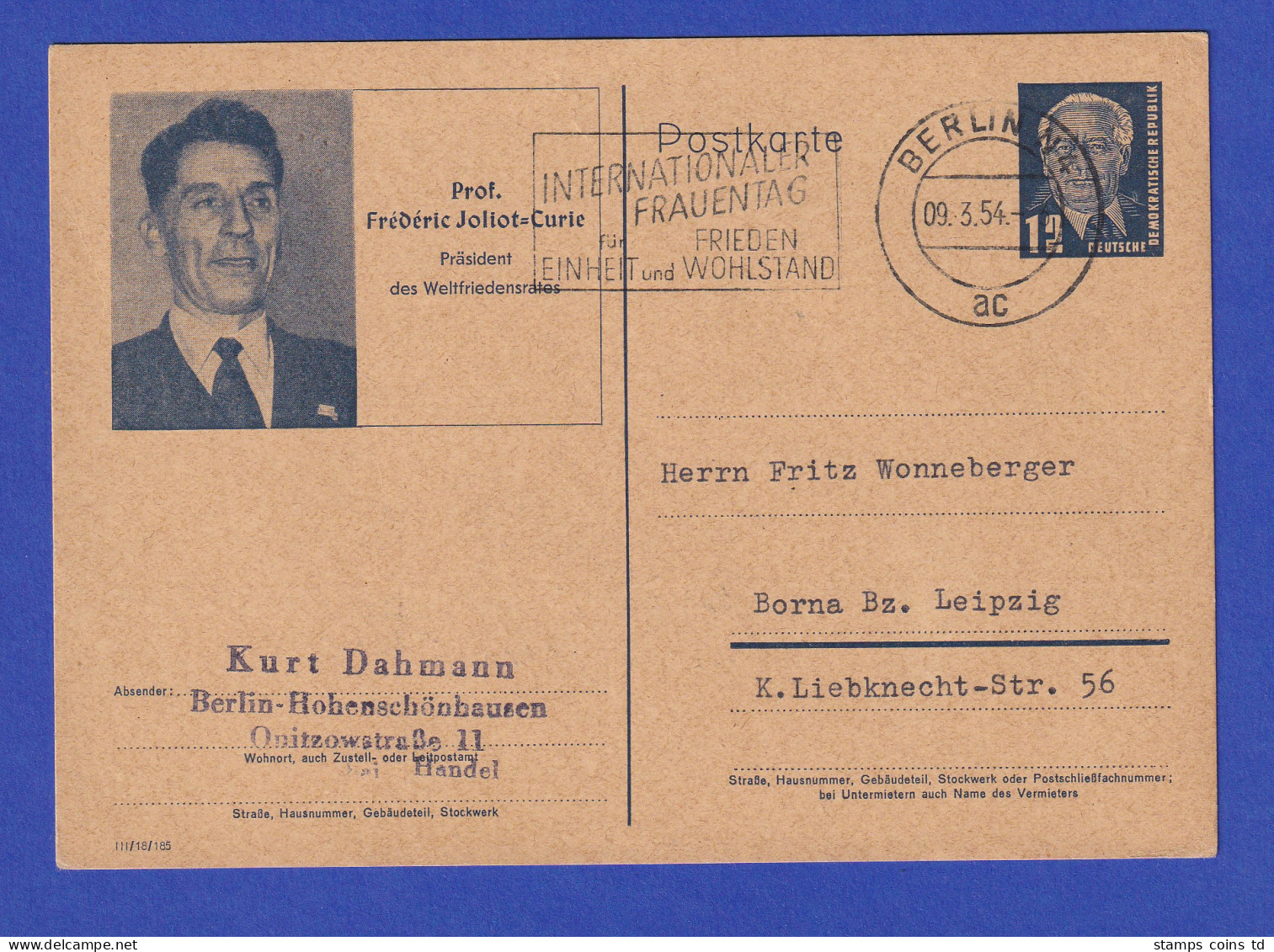 DDR Pieck Sonderpostkarte P52/02 Joliot-Curie Gel. Von Berlin Nach Borna 9.3.54  - Other & Unclassified