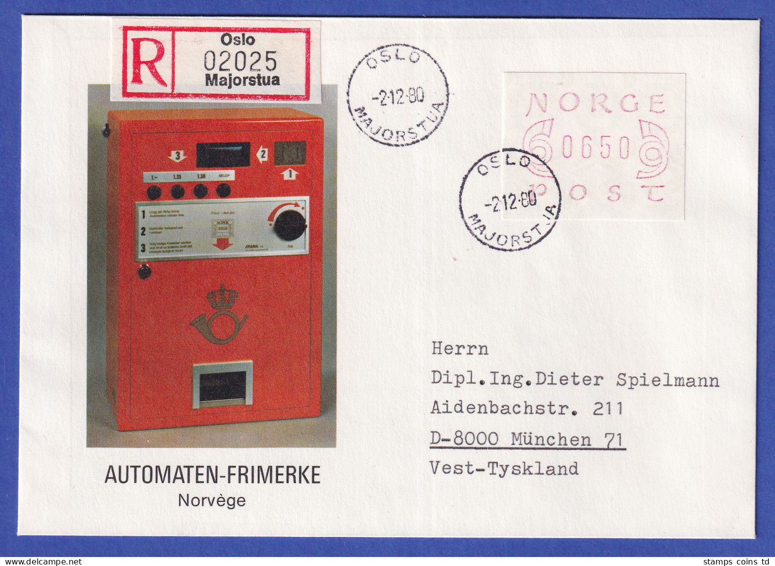 Norwegen / Norge Frama-ATM Mi.-Nr. 2.1b Hoher Wert 650 Auf R-FDC OSLO-Majorstua - Automatenmarken [ATM]