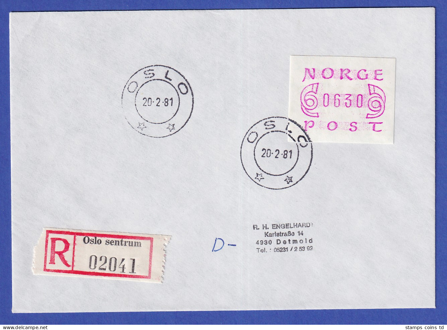 Norwegen / Norge Frama-ATM Mi.-Nr. 2.1a Wert 630 Auf R-Brief O OSLO 20.2.81 - Vignette [ATM]