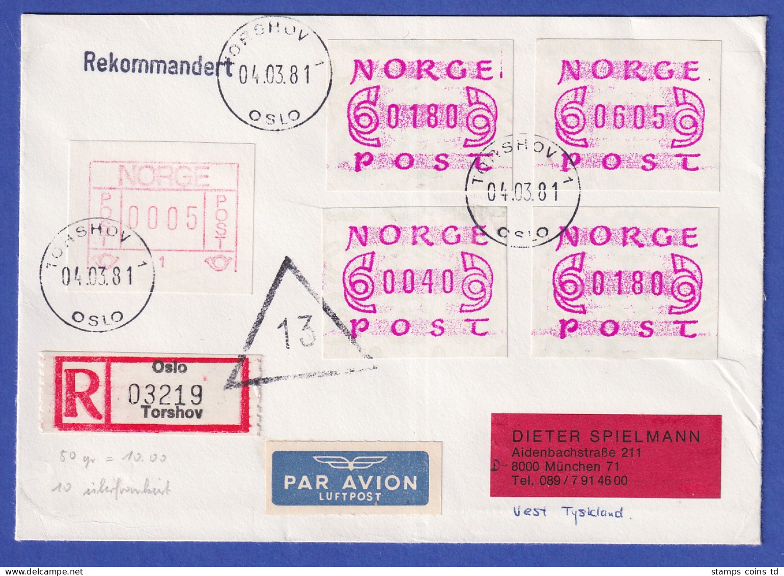 Norwegen / Norge Frama-ATM Mi-Nr. 1.1b Und 2.1a  5 Werte Auf R-Bf. Torshov - Machine Labels [ATM]