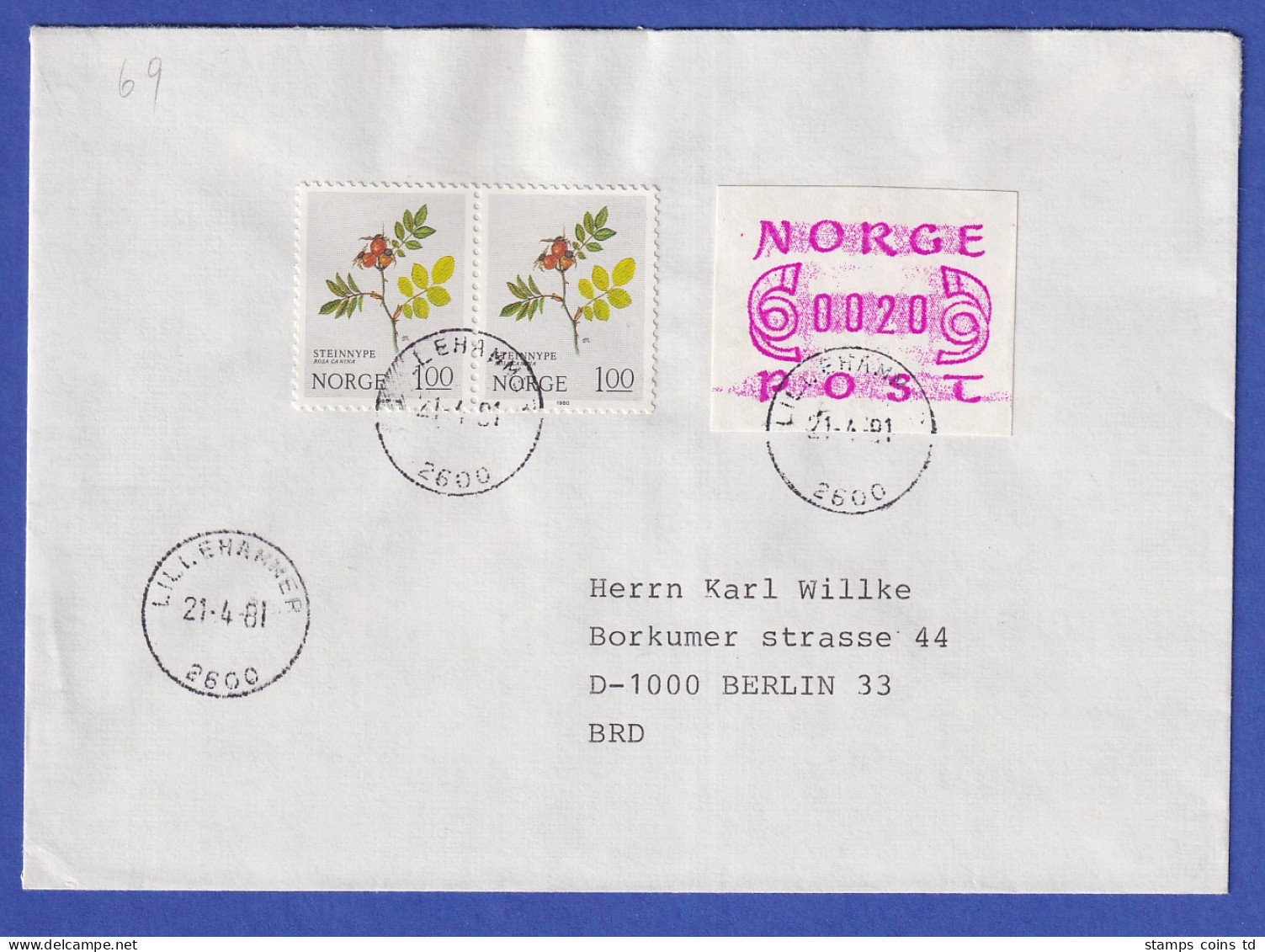 Norwegen / Norge Frama-ATM Mi-Nr. 2.1a Wert 20 In MIF Auf Brief LILLEHAMMER 1981 - Timbres De Distributeurs [ATM]