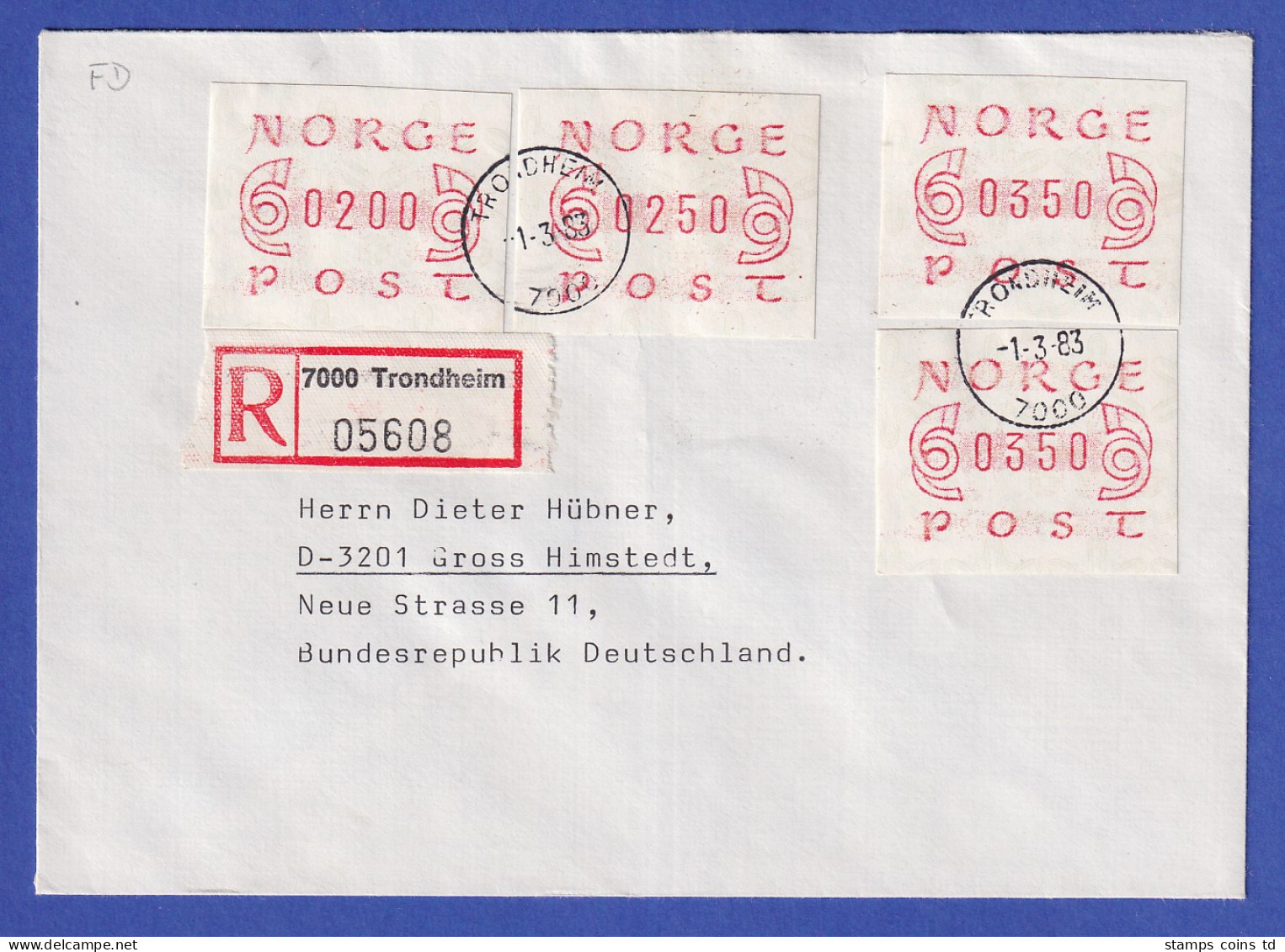 Norwegen / Norge Frama-ATM Mi-Nr. 2.1b Vier Werte Auf R-Brief TRONDHEIM 1.3.83 - Machine Labels [ATM]