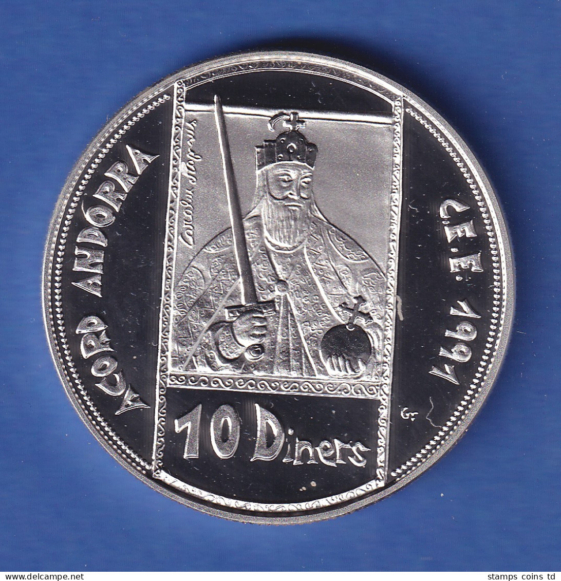 Andorra 1992 Silbermünze Kaiser Karl Der Große 10 Diners/ECU 31,47g Ag925 PP - Andorra