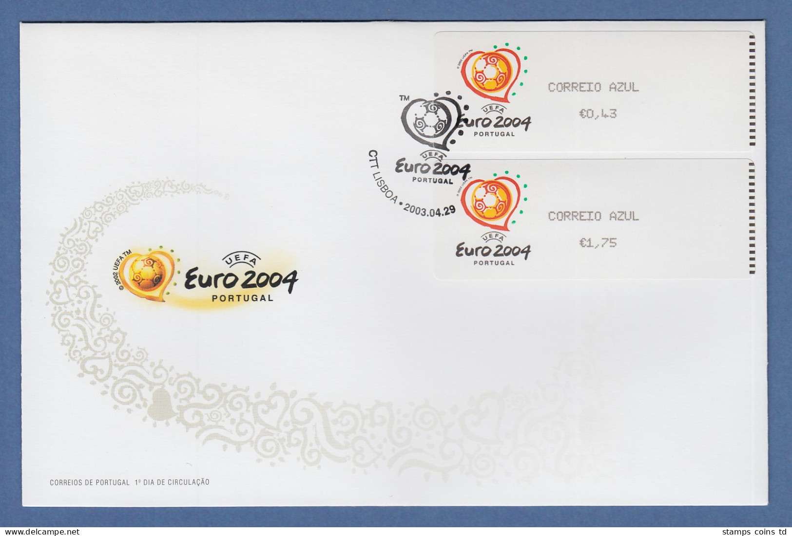 Portugal 2003 ATM Fußball EM Euro 2004 Mi-Nr. 43.2e Satz 0,43-1,75 Offiz. FDC - Machine Labels [ATM]