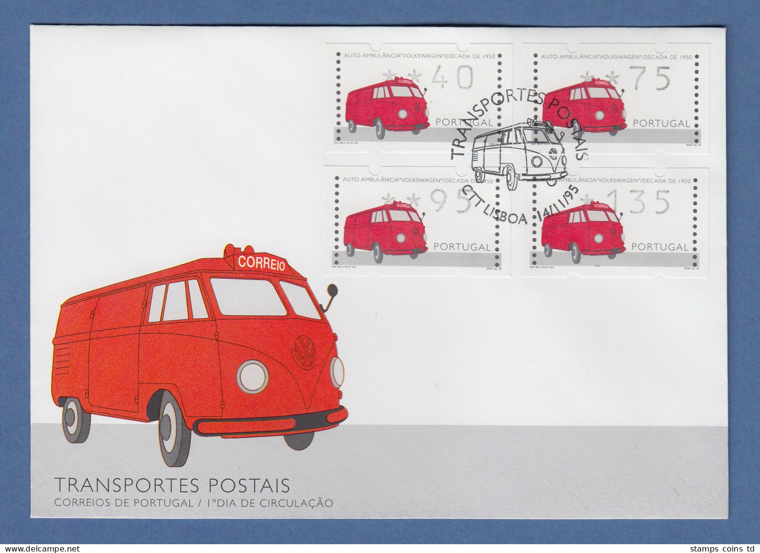 Portugal 1995 ATM VW-Rettungswagen Mi.-Nr. 12 Satz 40-75-95-135 Auf Offiz. FDC - Timbres De Distributeurs [ATM]