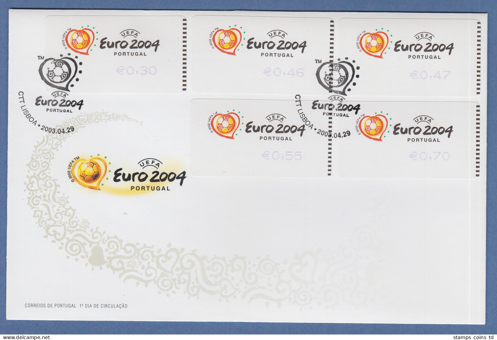 Portugal 2003 ATM Fußball EM Euro 2004 Mi-Nr. 42.1.Z1 Satz 5 Werte Auf FDC - Machine Labels [ATM]