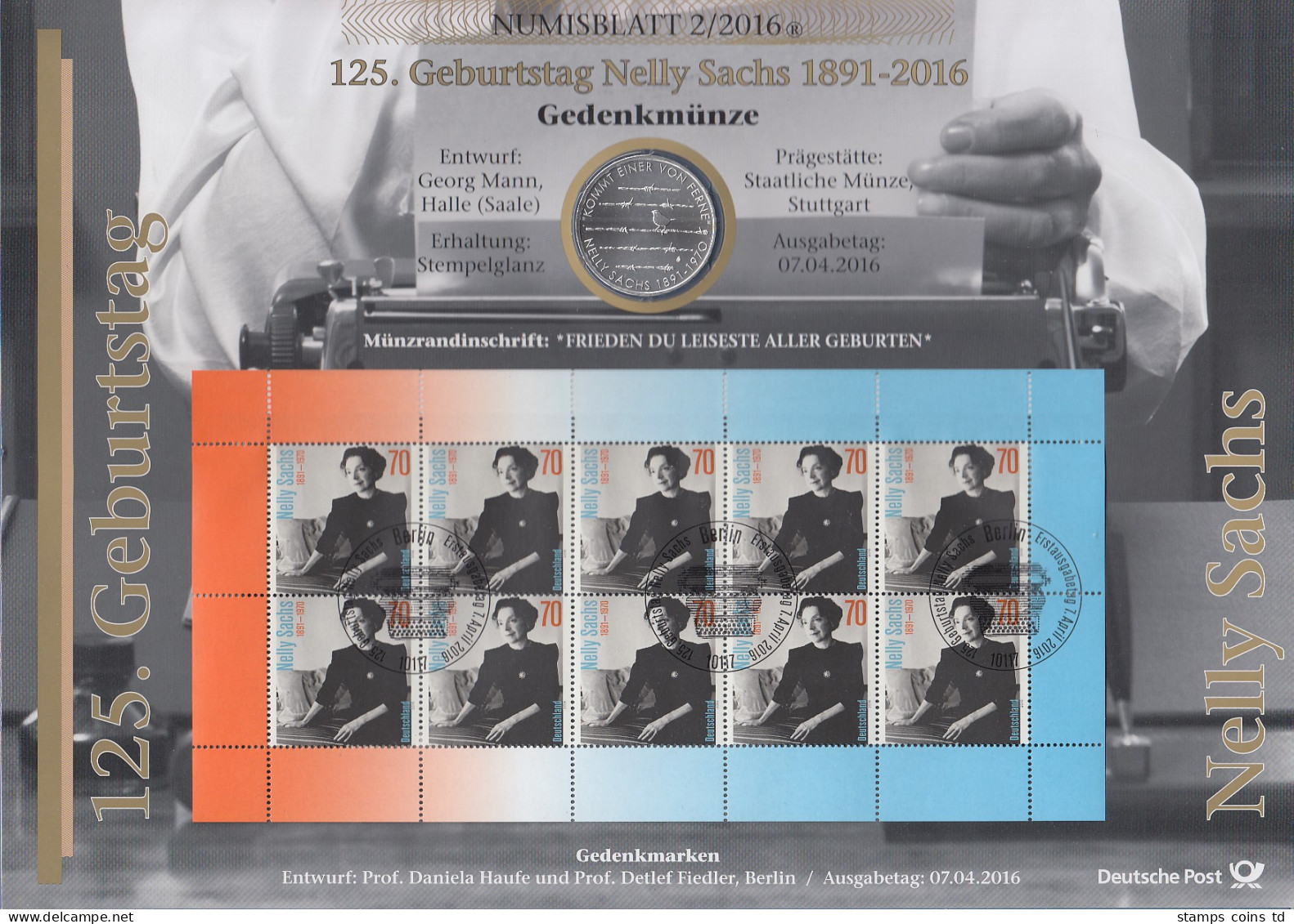 Bundesrepublik Numisblatt 2/2016 Nelly Sachs Mit 20-Euro-Gedenkmünze  - Collections