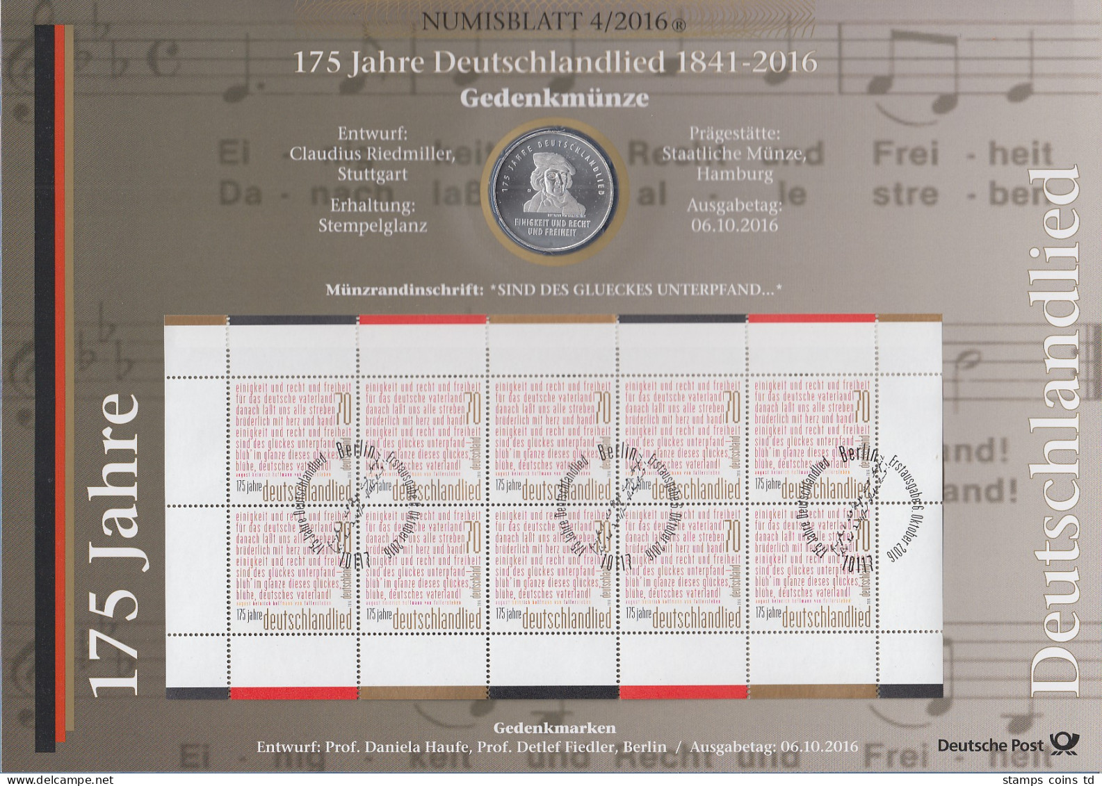 Bundesrepublik Numisblatt 4/2016 Deutschlandlied Mit 20-Euro-Gedenkmünze  - Verzamelingen