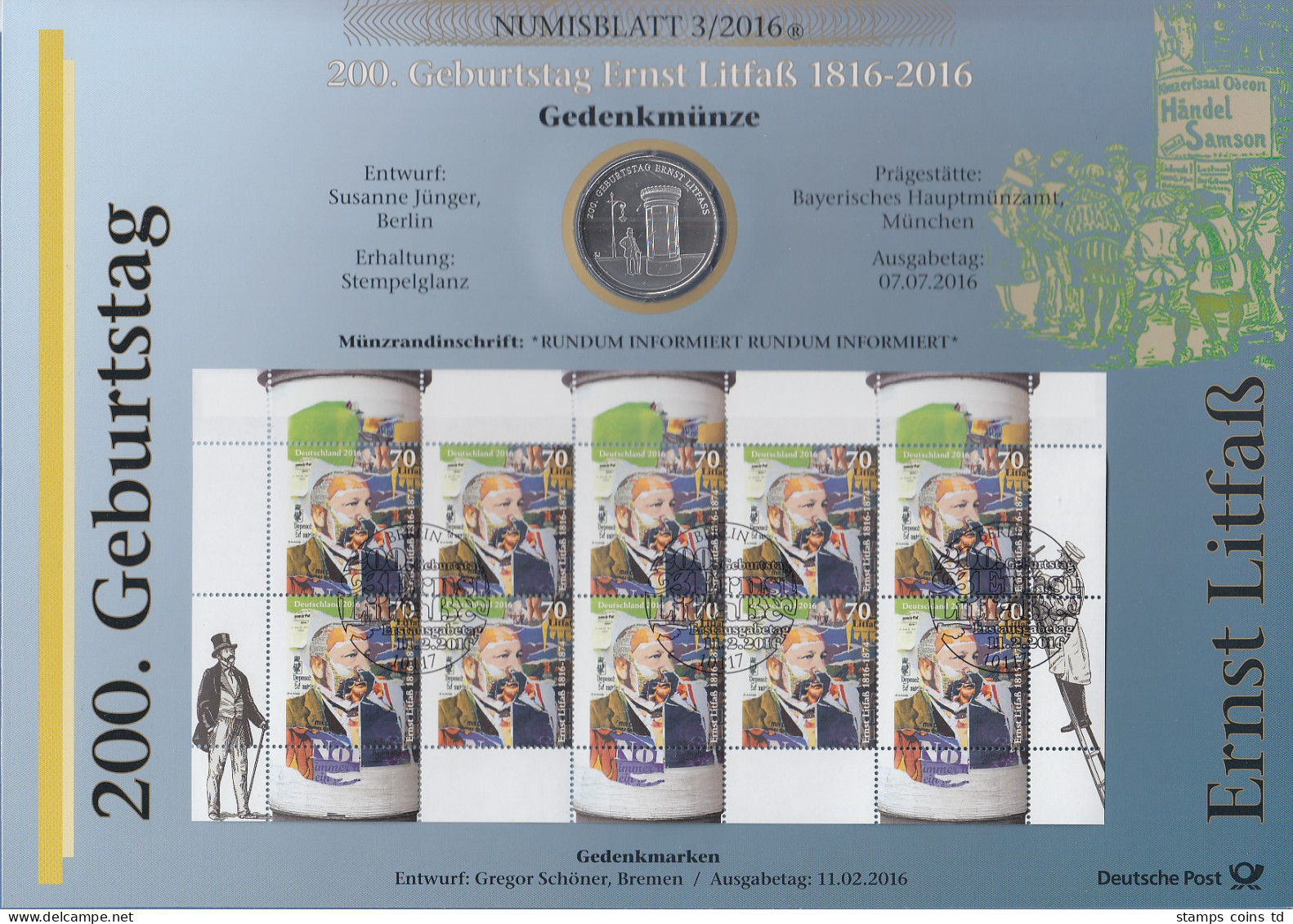 Bundesrepublik Numisblatt 3/2016 Ernst Litfaß Mit 20-Euro-Gedenkmünze  - Collezioni