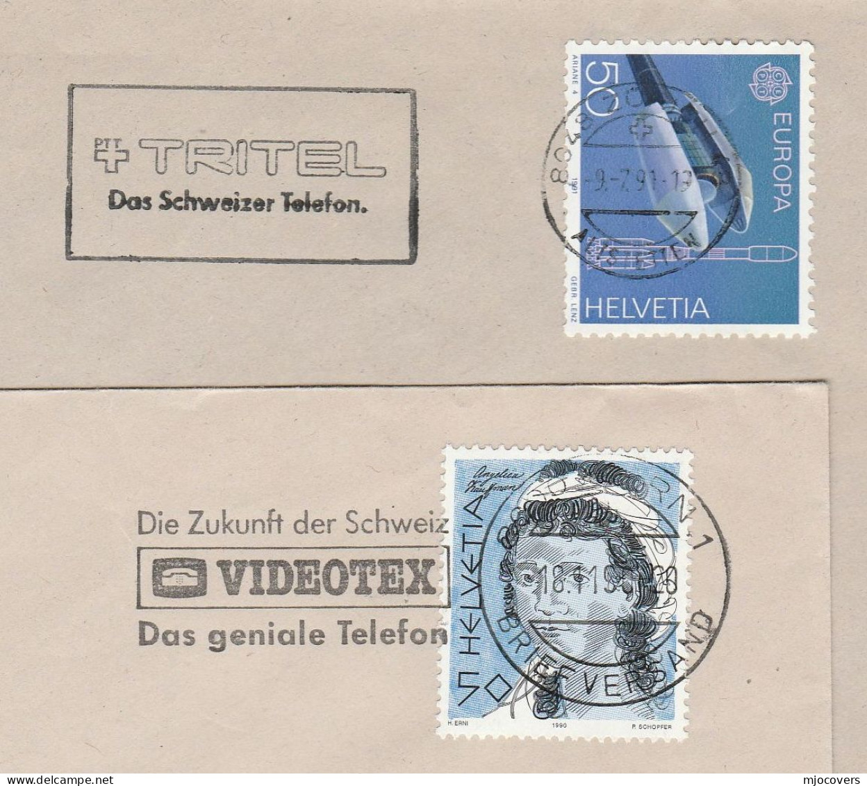 TELECOM Covers 1990 Illus VIDEOTEX PHONE & 1991 TRIDEL TELEPHONE Slogan Switzerland Stamps Cover - Telecom