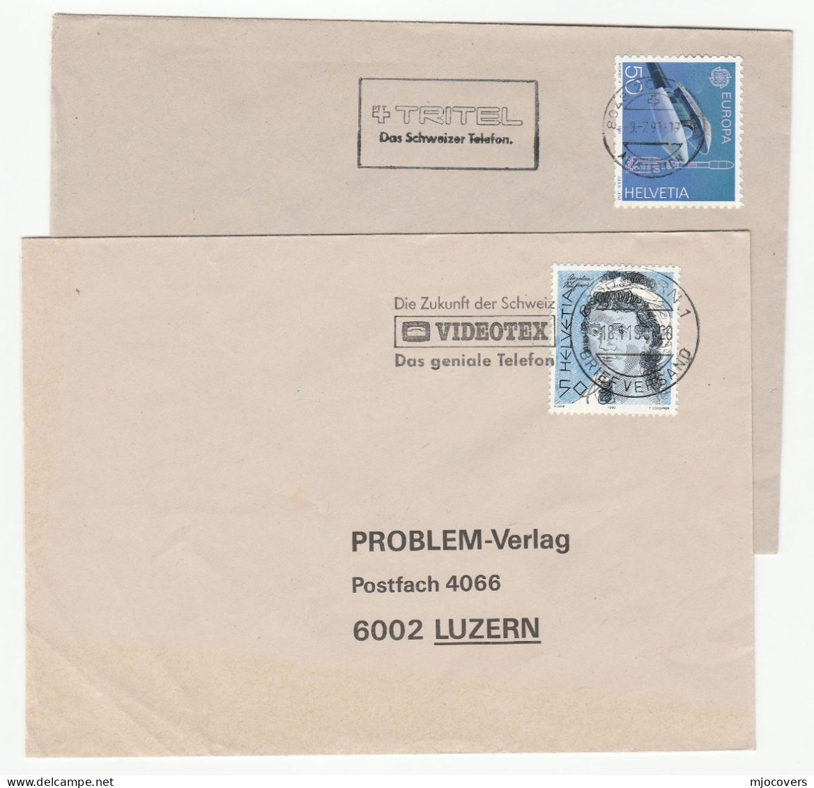 TELECOM Covers 1990 Illus VIDEOTEX PHONE & 1991 TRIDEL TELEPHONE Slogan Switzerland Stamps Cover - Telecom