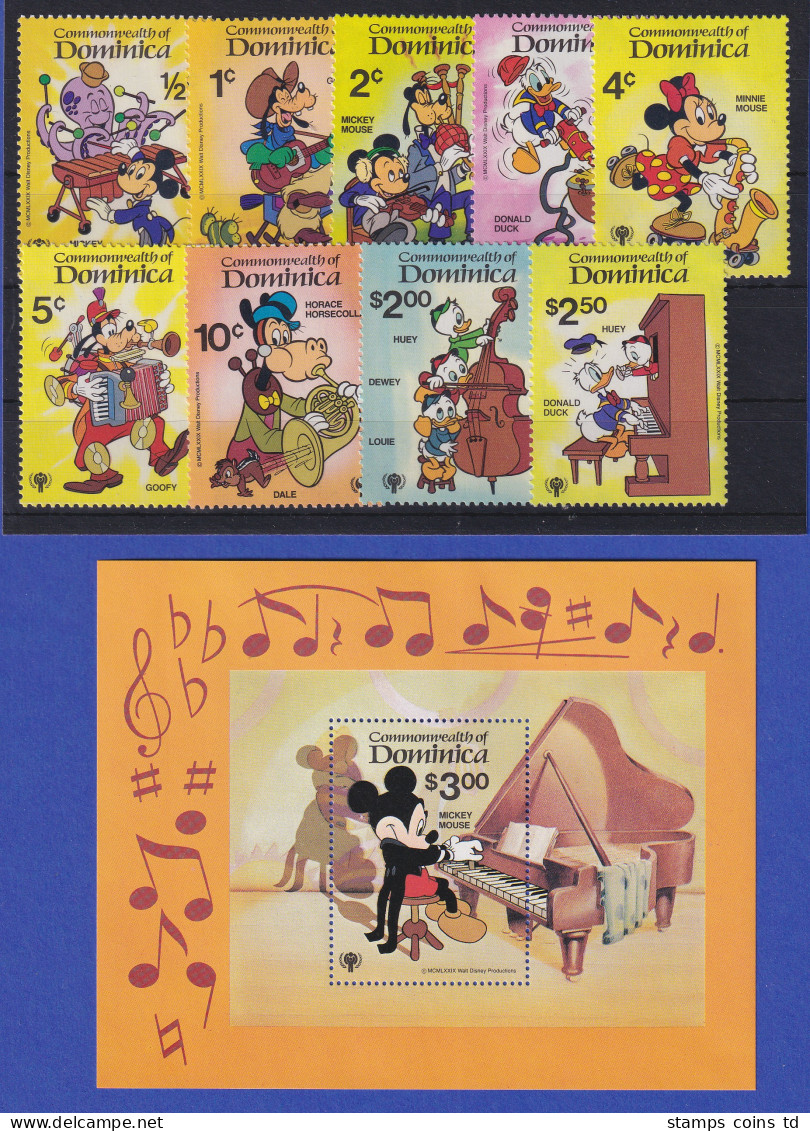 Dominica 1979 Musizierende Walt-Disney-Figuren Mi.-Nr. 657-665 Und Block 60 ** - Dominica (1978-...)