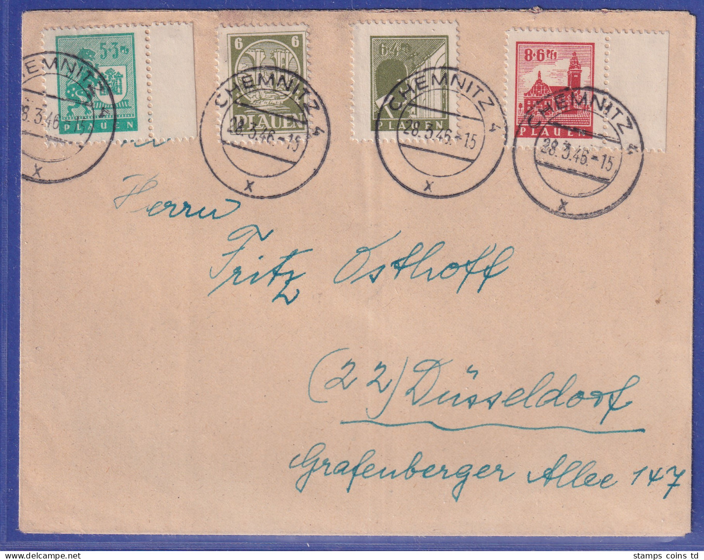 Lokalausgaben Plauen 1946 Mi-Nr. 1-4 Auf Brief Von Chemnitz Nach Düsseldorf - Covers & Documents