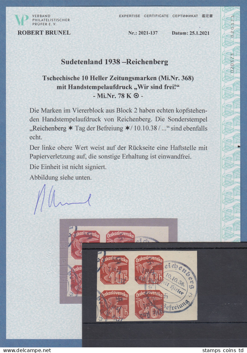 Sudetenland Reichenberg Mi.-Nr 78 K Im 4er-Block  O Mit Attest Brunel VPP - Sudetes
